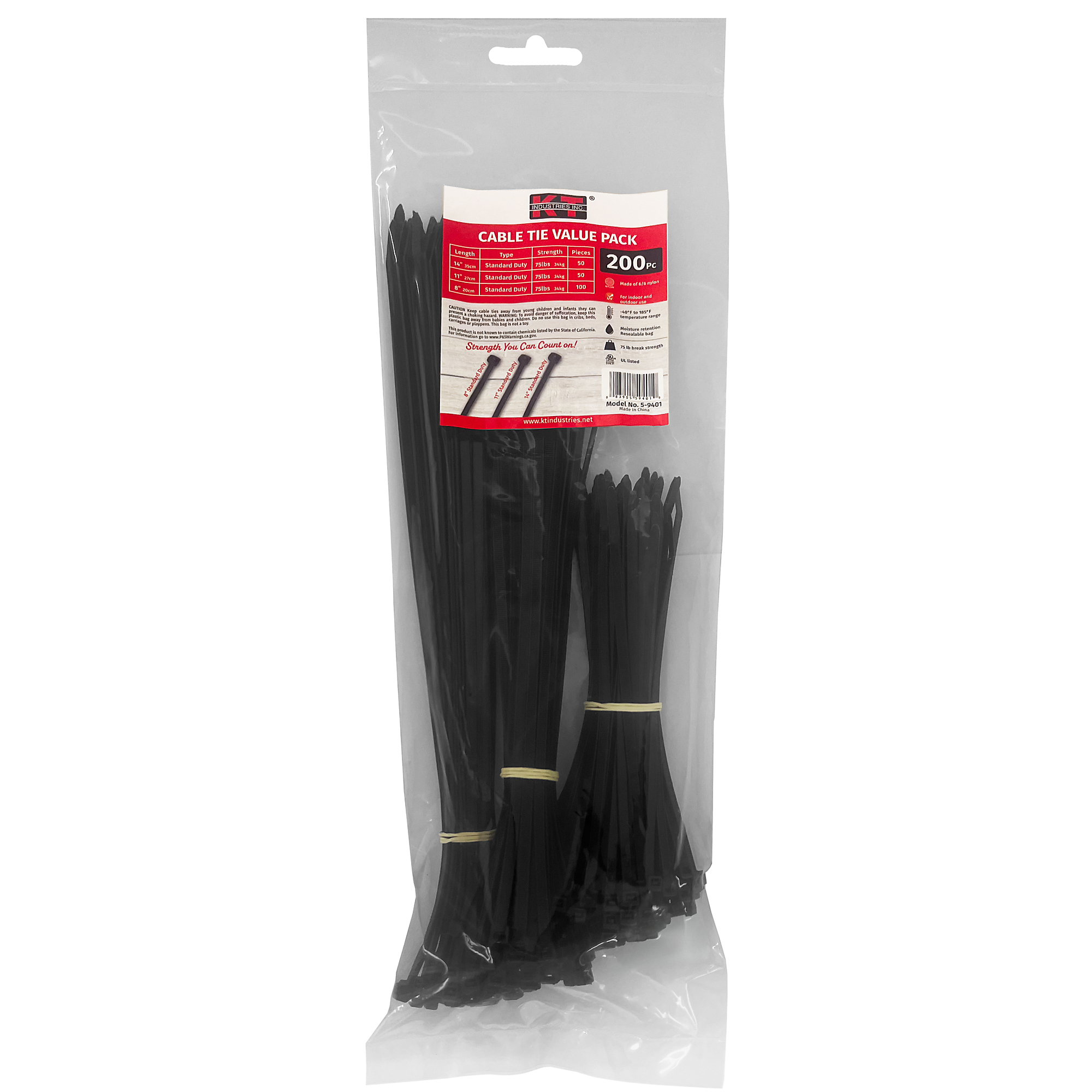 K-T Industries, 8", 11", 14" Black Cable Tie Assortment, Model # 5-9401