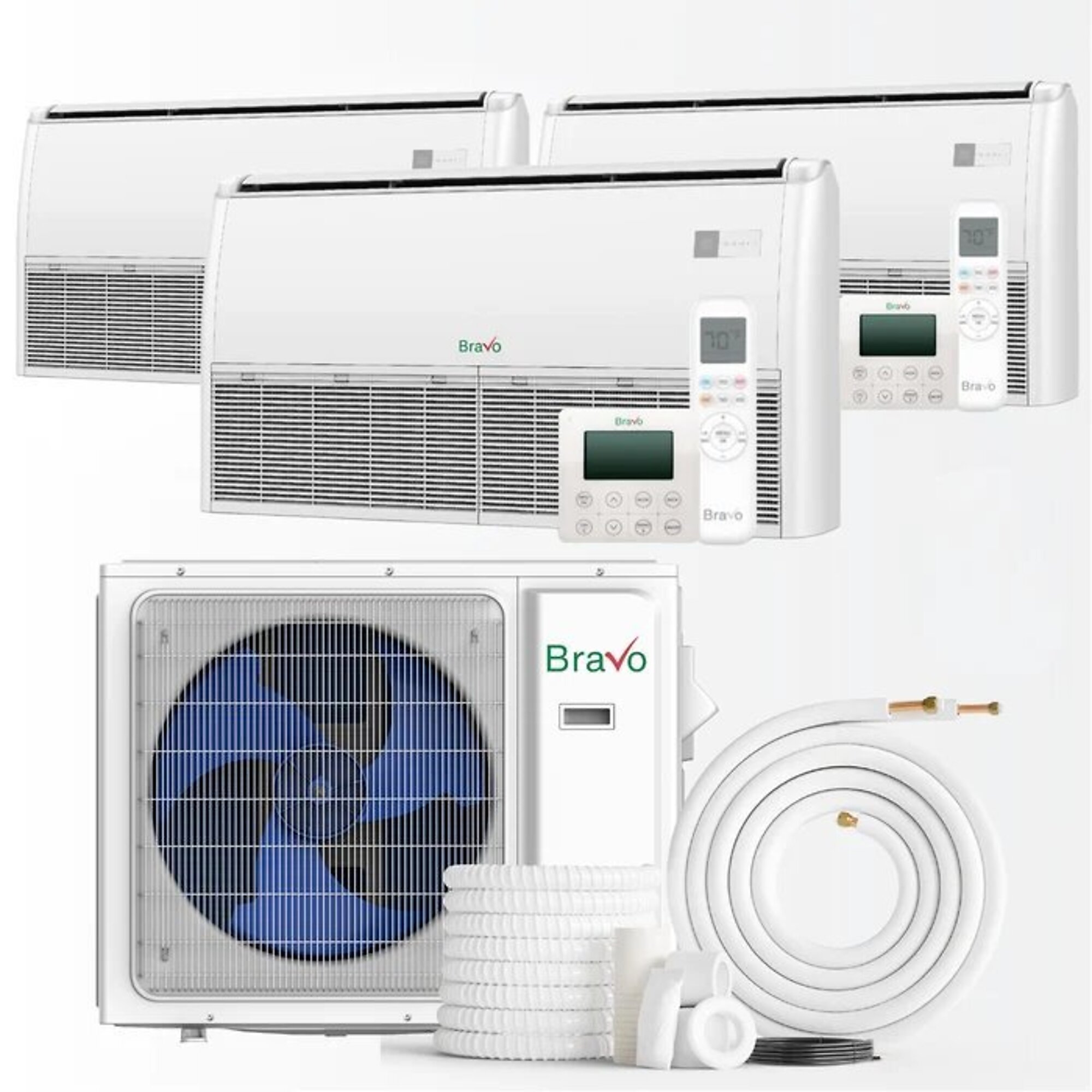 Bravo Milano Series 3-Zone Ductless Mini Split AC & Heat Pump -- 36000 BTU (3.0 Ton), Universal Floor Ceiling Units (12K+12K+24K) BTU, Inverter Technology, 230V, Heating & Cooling