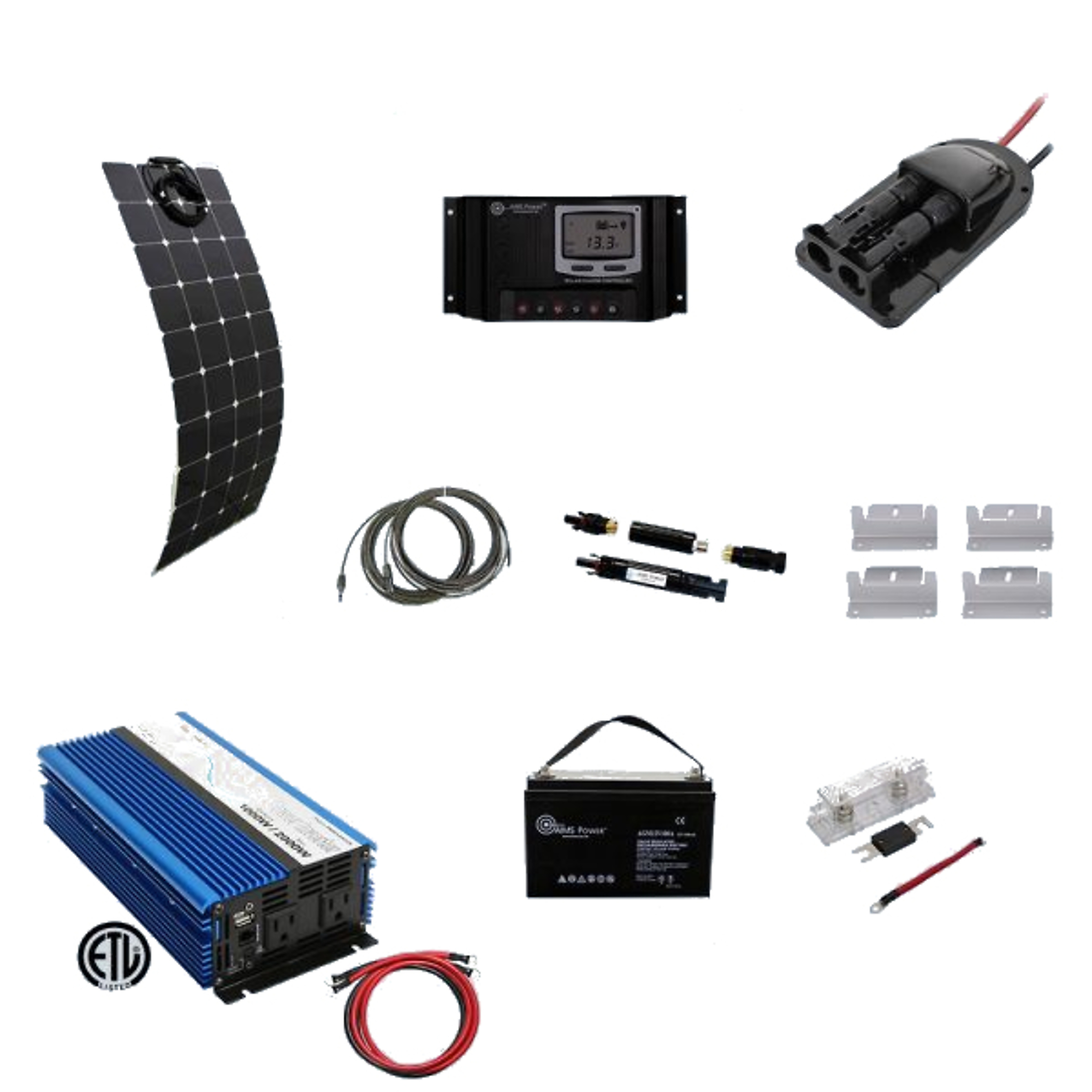 AIMS Power Solar 130 Watt Flexible, Inverter 600 Watt & 1.28 kWh Battery Kit | Reliable Solar Power for RVs and Mobile Setups, ECRAZORBACK
