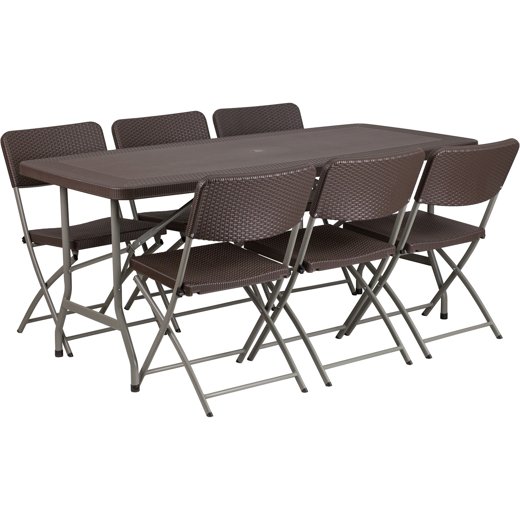 Flash Furniture Commercial-Grade Plastic Rattan Folding Table and 6-Pc. Chair Set, Brown, 67 1/2in.L x 32 1/2in.W x 28 3/4in.H Table, Model# DADYCZ17261