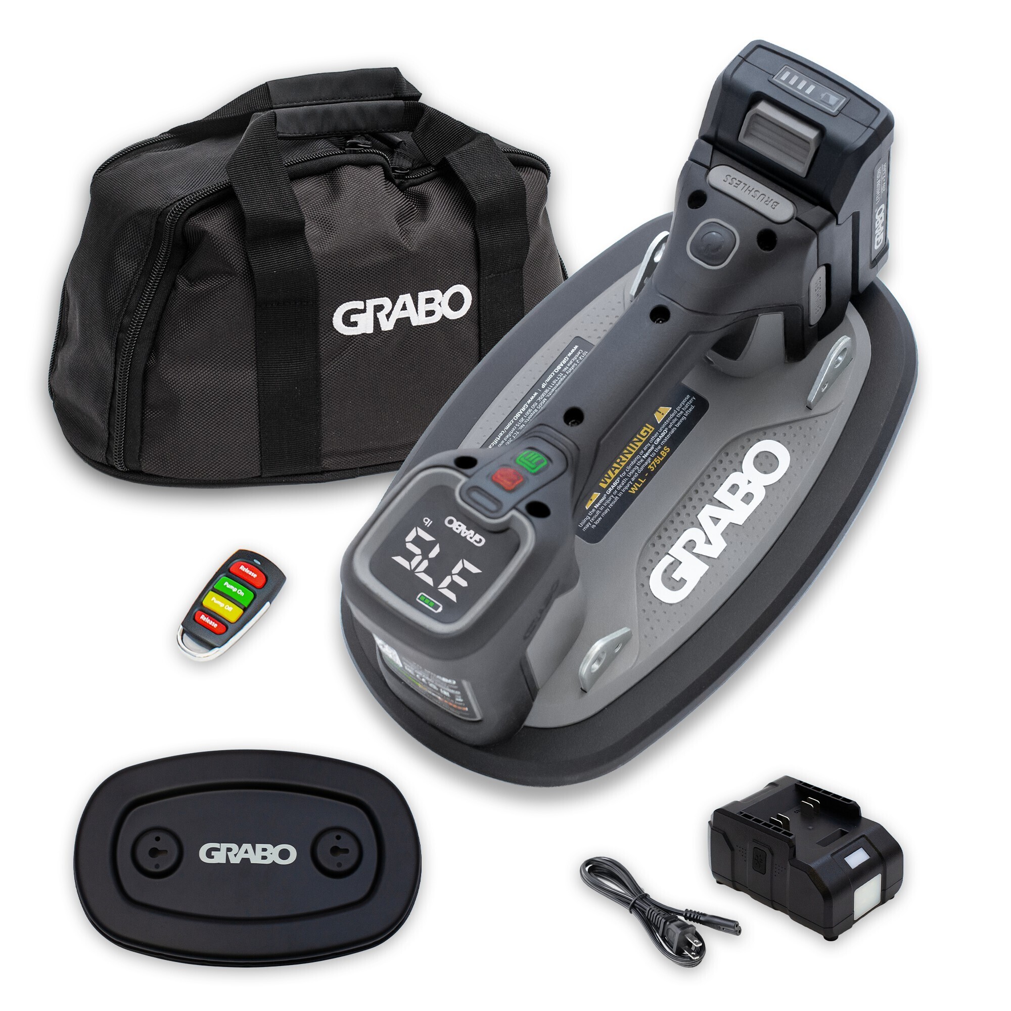 GRABO Pro Brushless Cordless Suction Gripster Kit With Integrated Wireless Remote, 375 Pound Capacity, 20 Volt 2.6 Amp Hour Battery, GPB-FB-FS