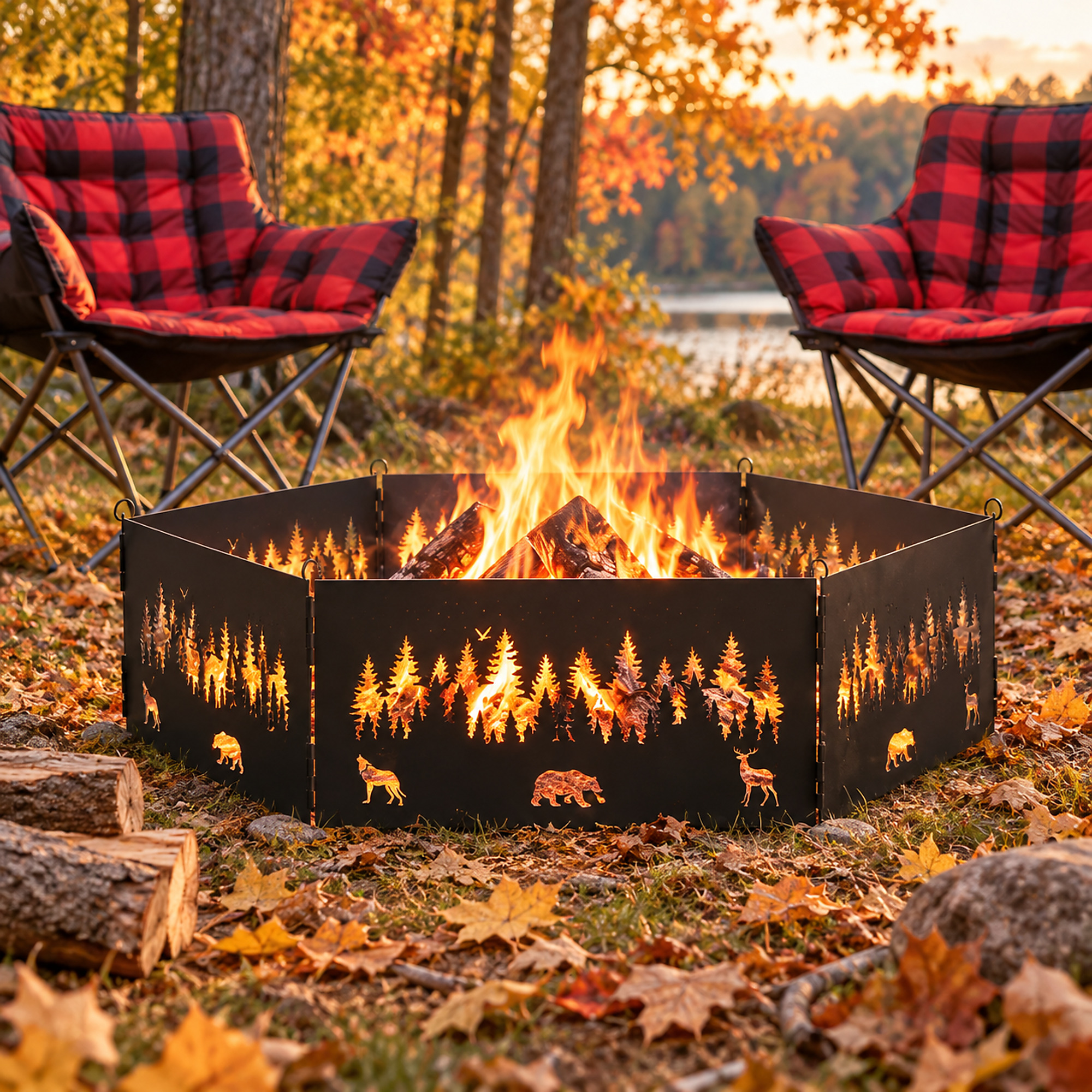 36 in. Folding Campfire Ring with Forest Wildlife Design, Portable Metal Fire Pit Ring