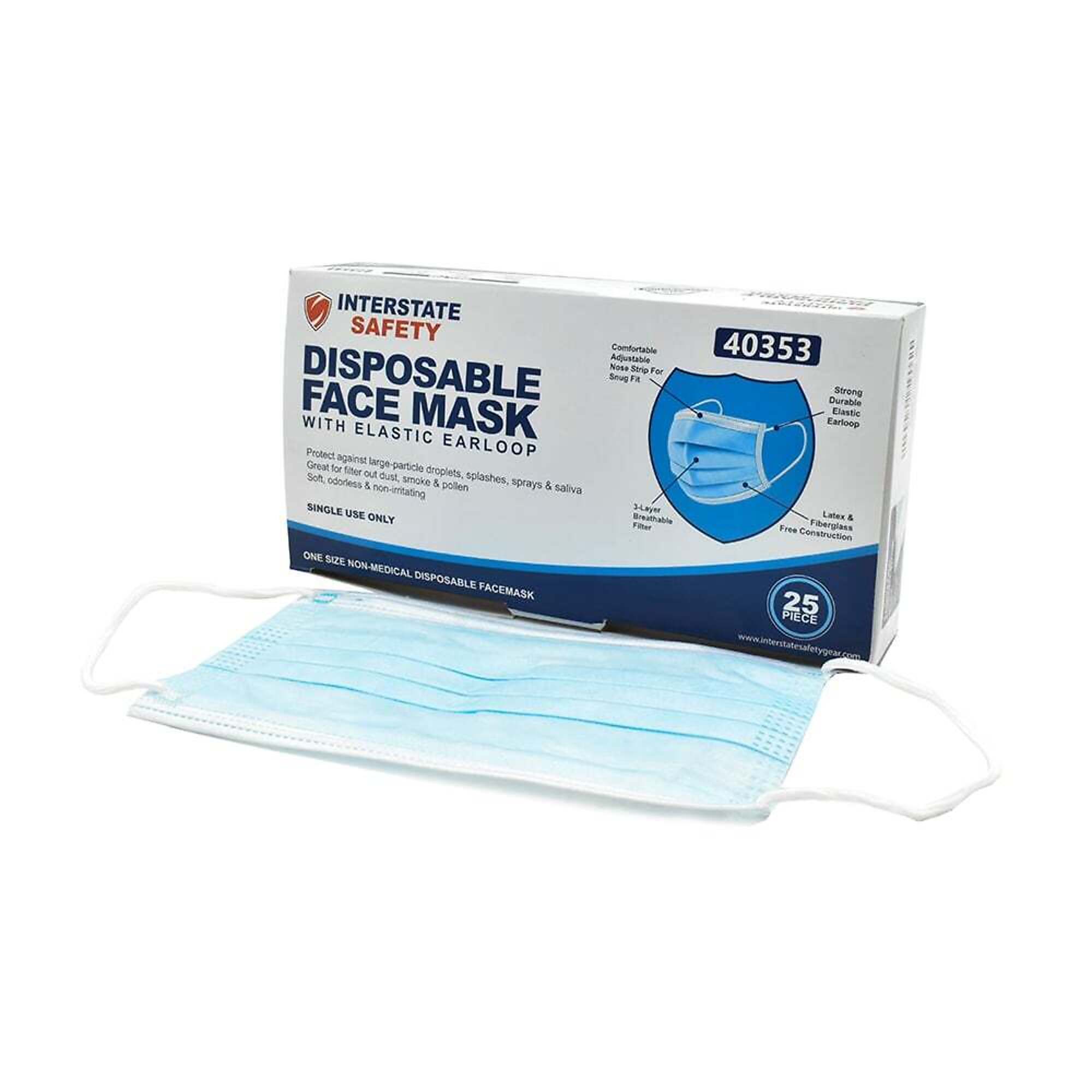 Interstate Safety 40353 Disposable Face Mask with Elastic Earloop - 25pcs/Box