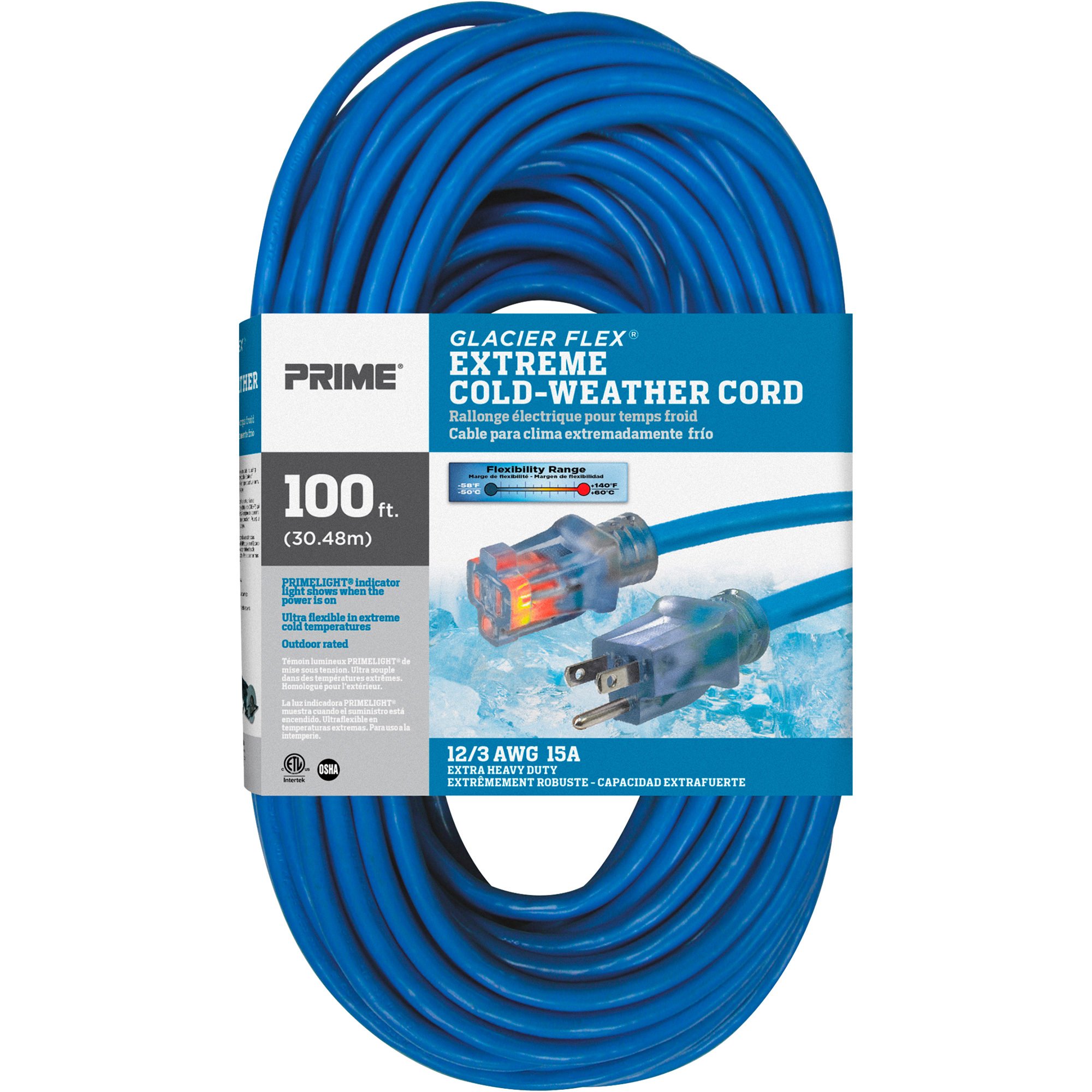 Prime Extreme Cold Weather Outdoor Extension Cord — 100ft., 12/3, 15 Amps, 125 Volts, Model# CW511835