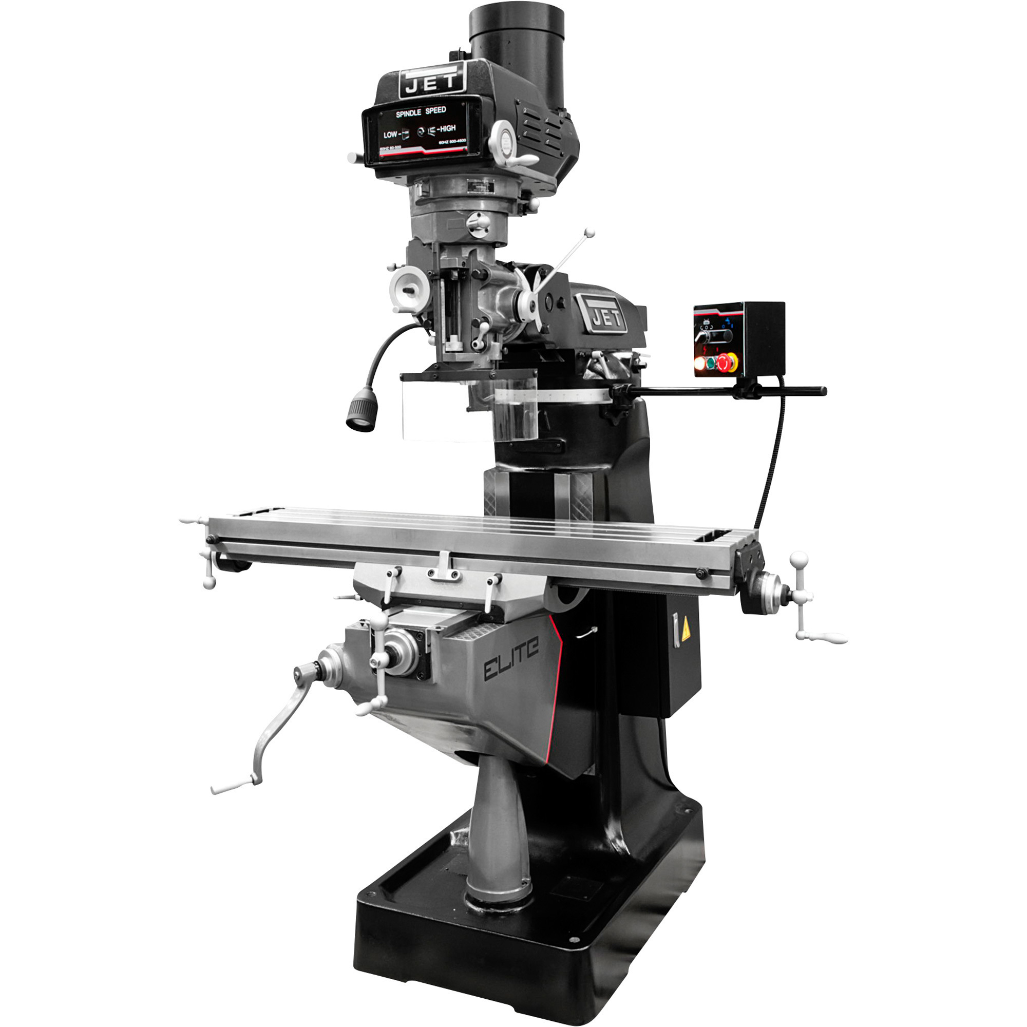 JET Elite Metalworking Mill with 2-Axis Newall DP700 DRO, Servo X, Y and Z-Axis Powerfeeds and USA Air Powered Draw Bar, Model# ETM-949