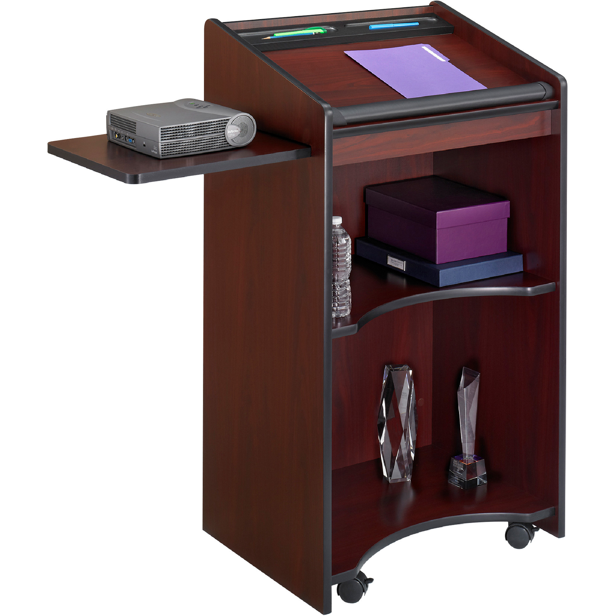 Safco Executive Mobile Wood Lectern, Mahogany Finish, 25 1/4in.W x 19 3/4in.D x 46in.H, Model# 8918MH