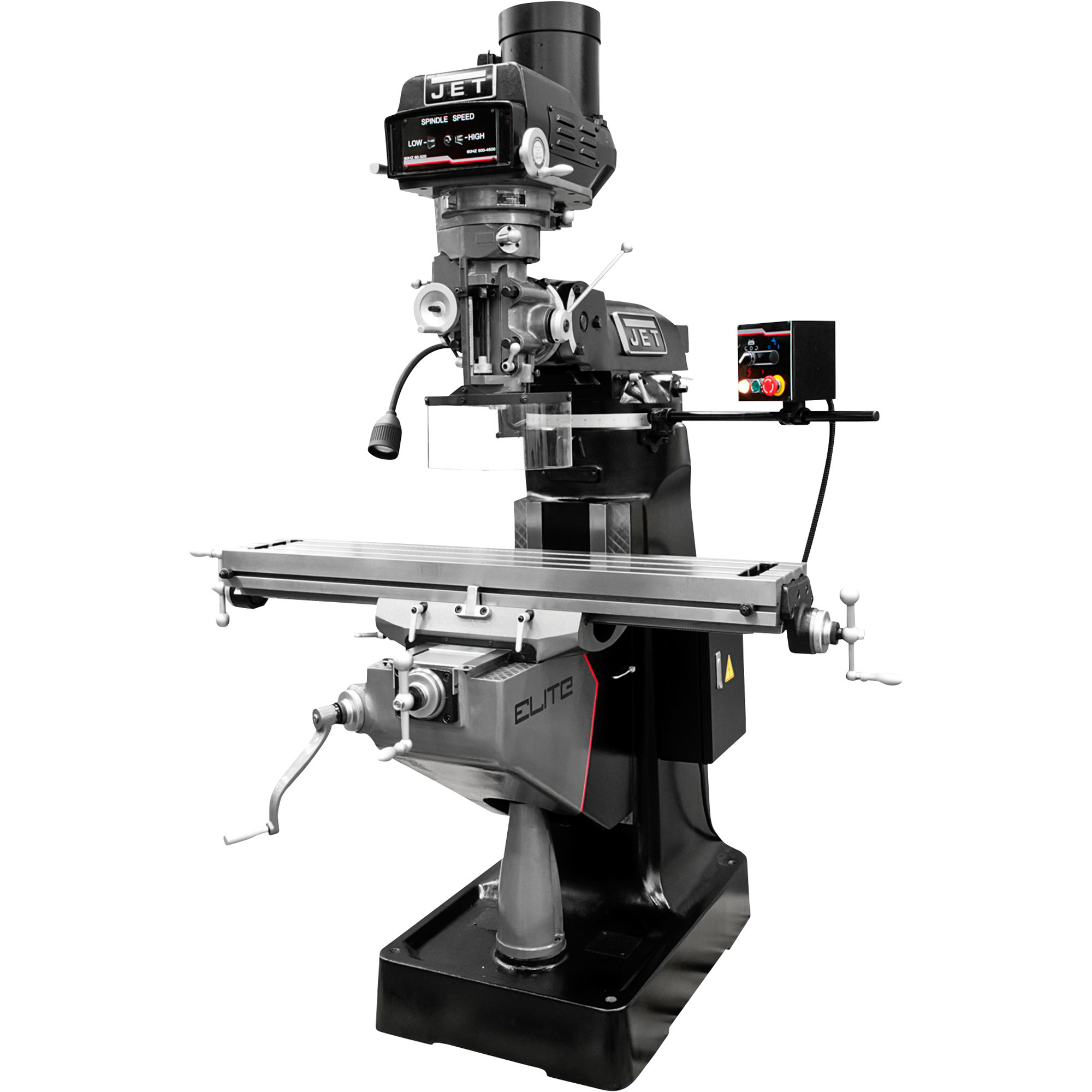 JET Elite Mill with 2-Axis ACU-RITE 303 DRO, X, Y, Z-Axis Powerfeeds and Power Air Draw Bar, 9in. x 49in. Table, 3 HP, Model# ETM-949