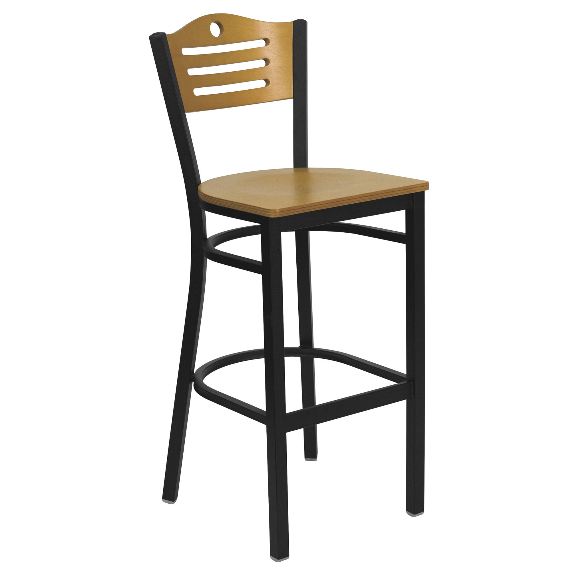 Flash Furniture Black Metal Bar Stool with Slat Back, Natural Wood Back