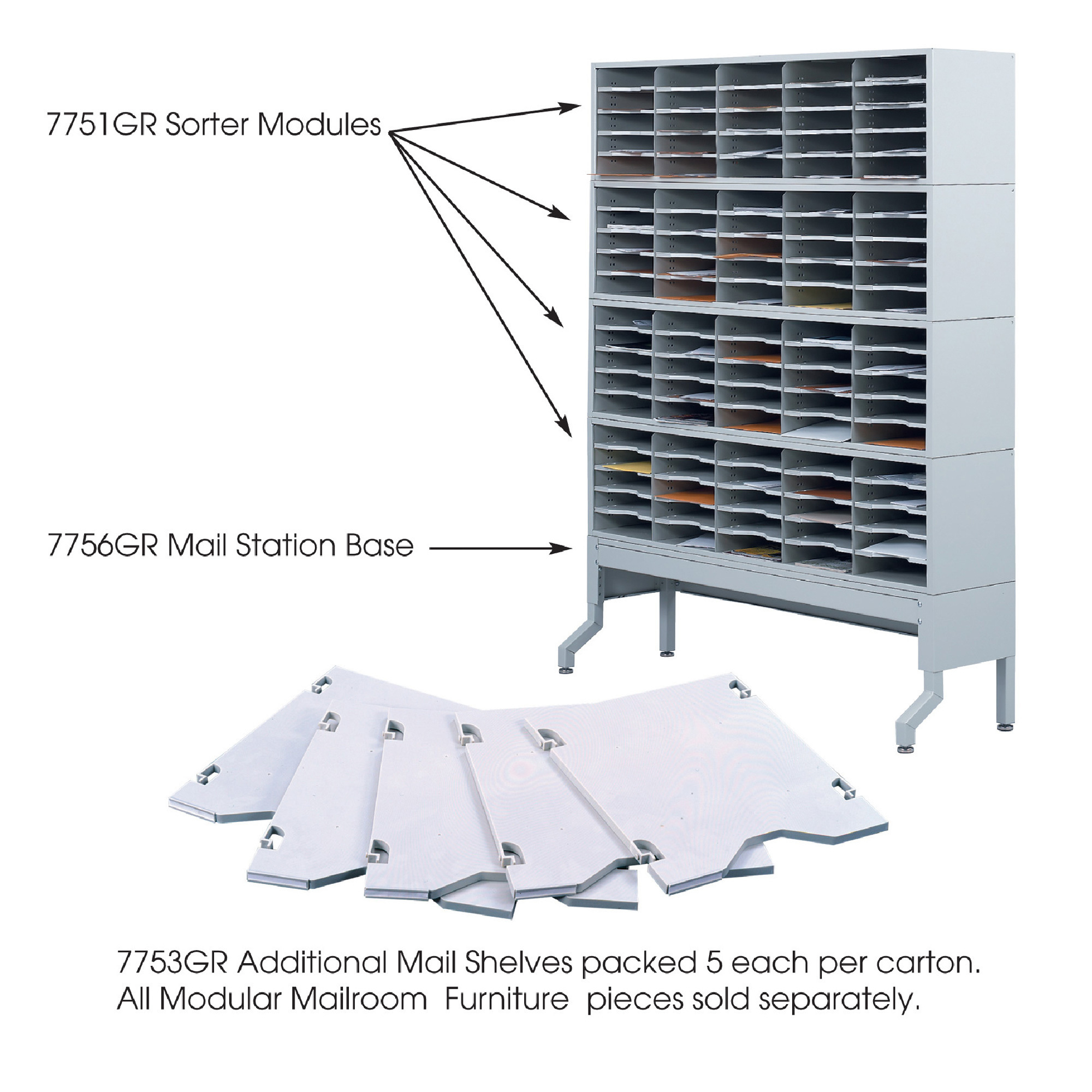 Safco E-Z Sort Additional Mail Trays, Set of 5, Gray, 12 1/2in.L x 11in.W x 1/2in.H, Model# 7753GR