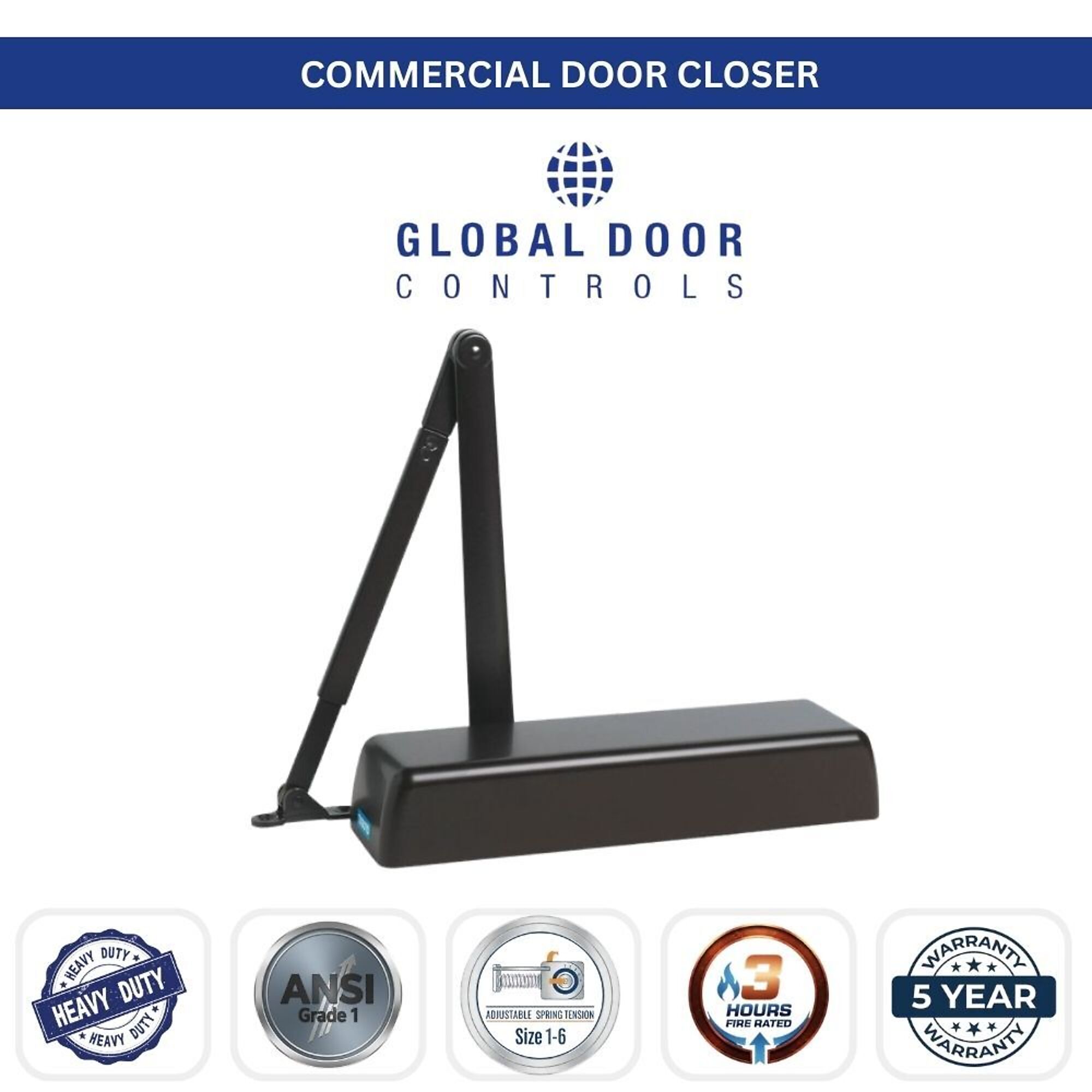 Global Door Controls, Heavy Duty Commercial Grade 1 Door Closer in Duronodic - Sizes 1-6, #TC4300-DU