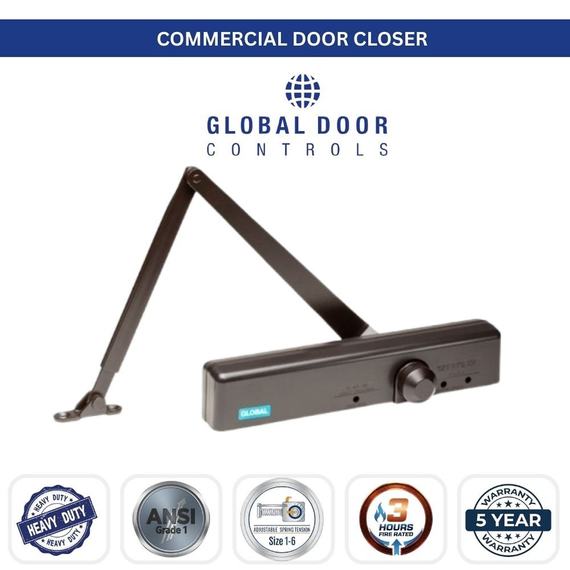 Global Door Controls, Slimline Heavy Duty Commercial Grade 1 Door Closer in Duronodic - Sizes 1-6, #TC4361-DU