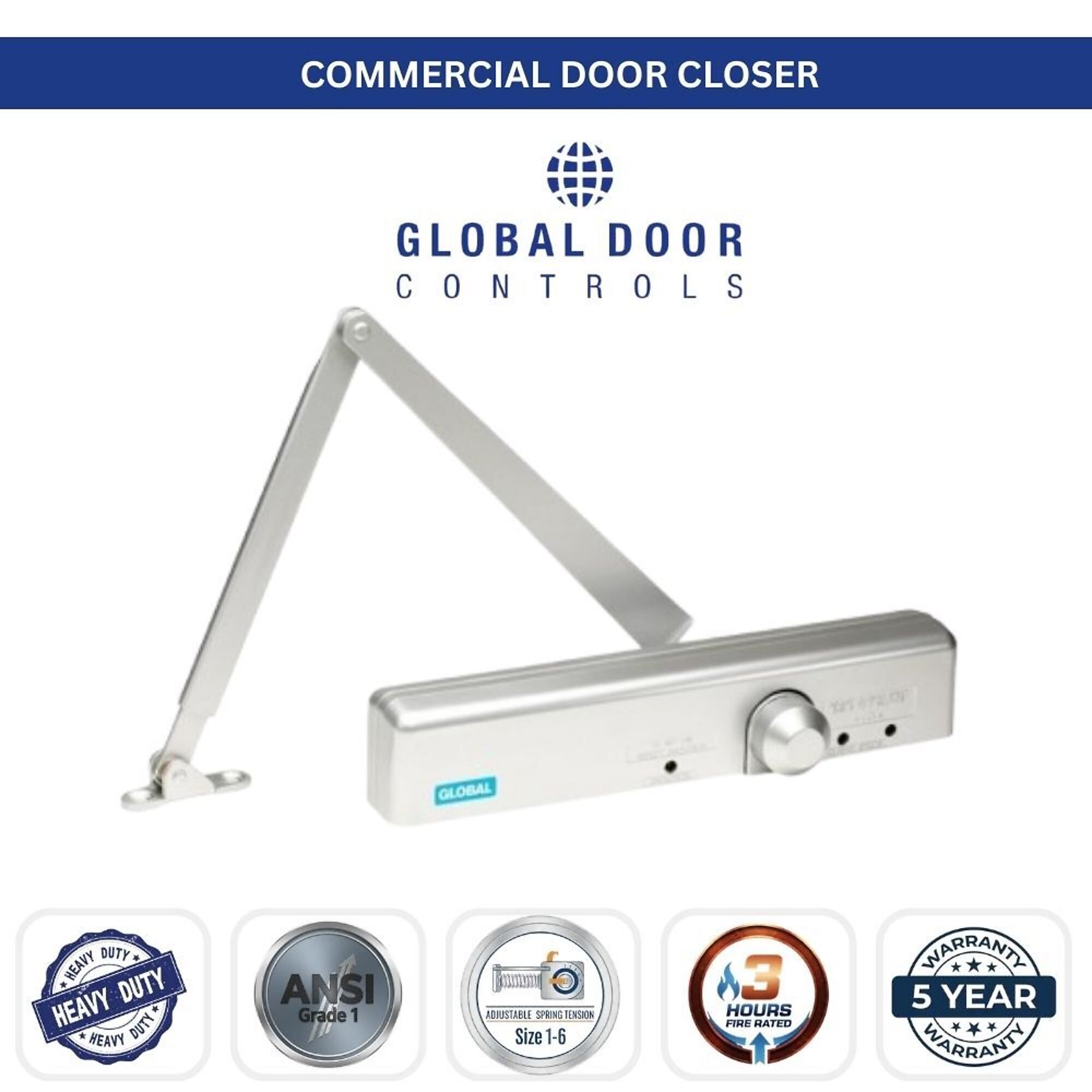 Global Door Controls, Slimline Heavy Duty Commercial Grade 1 Door Closer in Aluminum - Sizes 1-6, #TC4361-AL