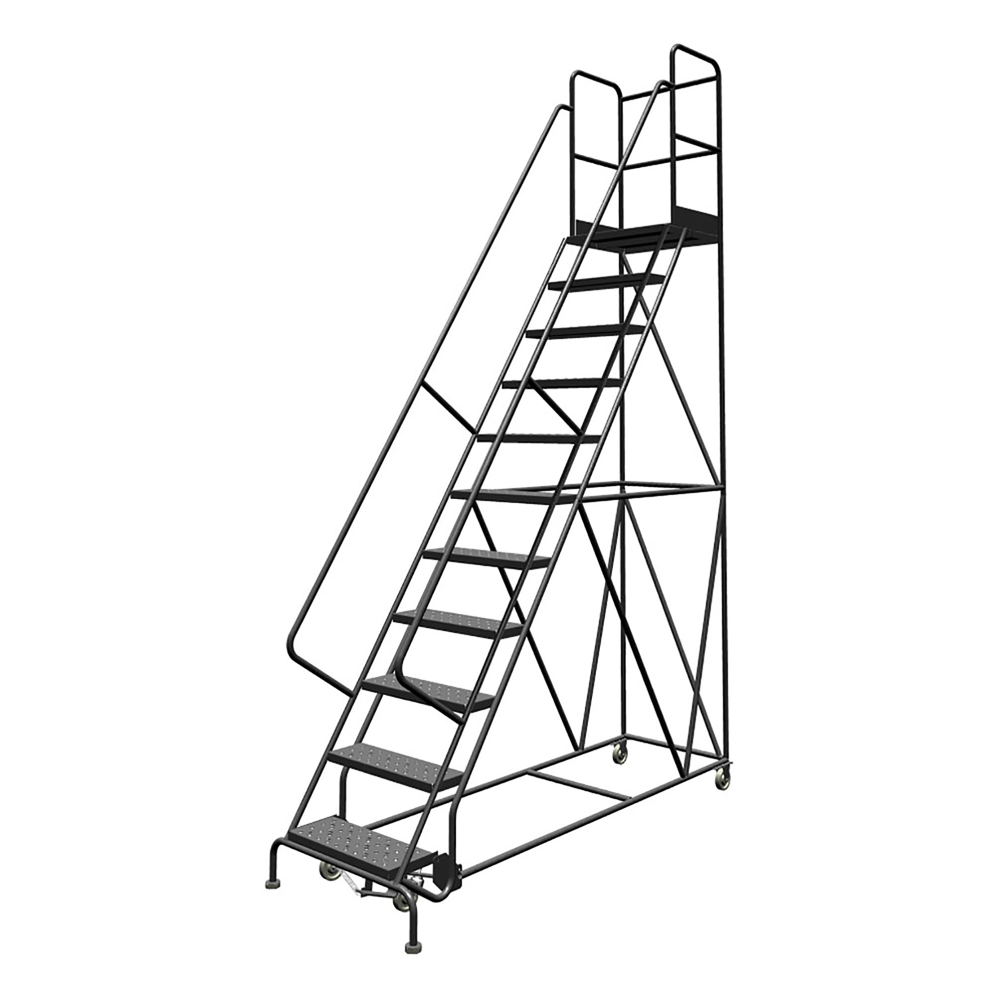 Tri-Arc Steel Rolling Ladder with Handrails, Guardrails and Perforated Steps — Gray, Spring-Loaded Casters