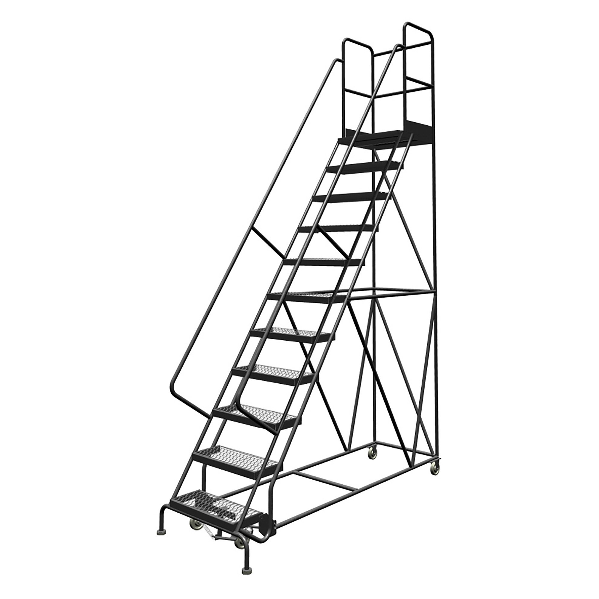 Tri-Arc 2-Step Steel Rolling Ladder with Handrails, Guardrails and Serrated Steps — Gray, Spring-Loaded Casters, 450-Lb. Capacity