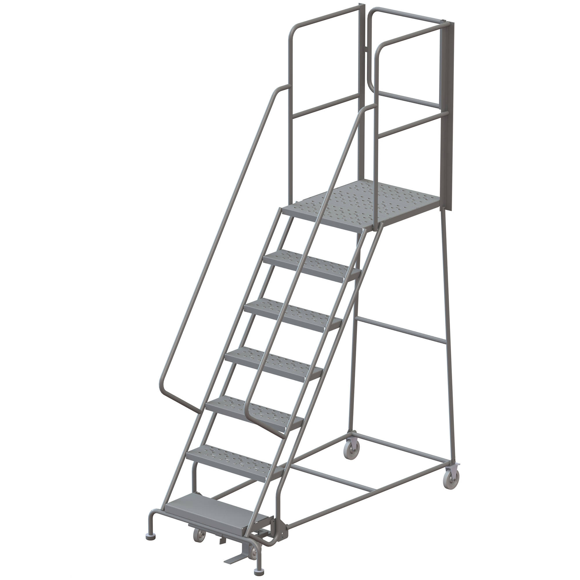 Tri-Arc 7-Step Steel Rolling Ladder with Perforated Steps and Rear Exit Gate, Gray, 24in.W x 30in.D Platform, 450-Lb. Capacity, Model# KDSR107246-XR