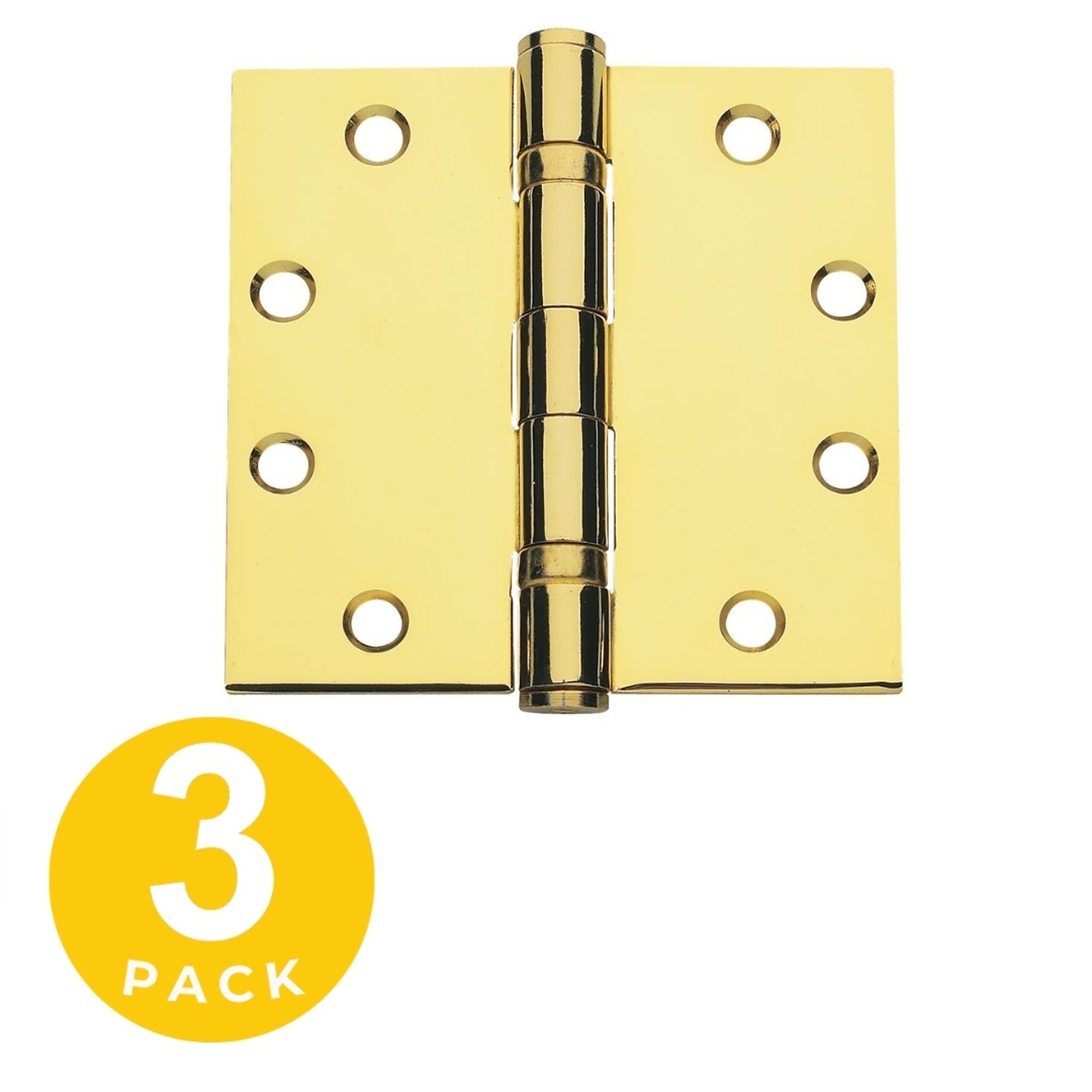 Global Door Controls Full Mortise Ball Bearing Hinge Set — 4.5in. x 4.5in., Bright Brass, Removable Pin, 3 Pcs, Model# CP4545BB-US3-3