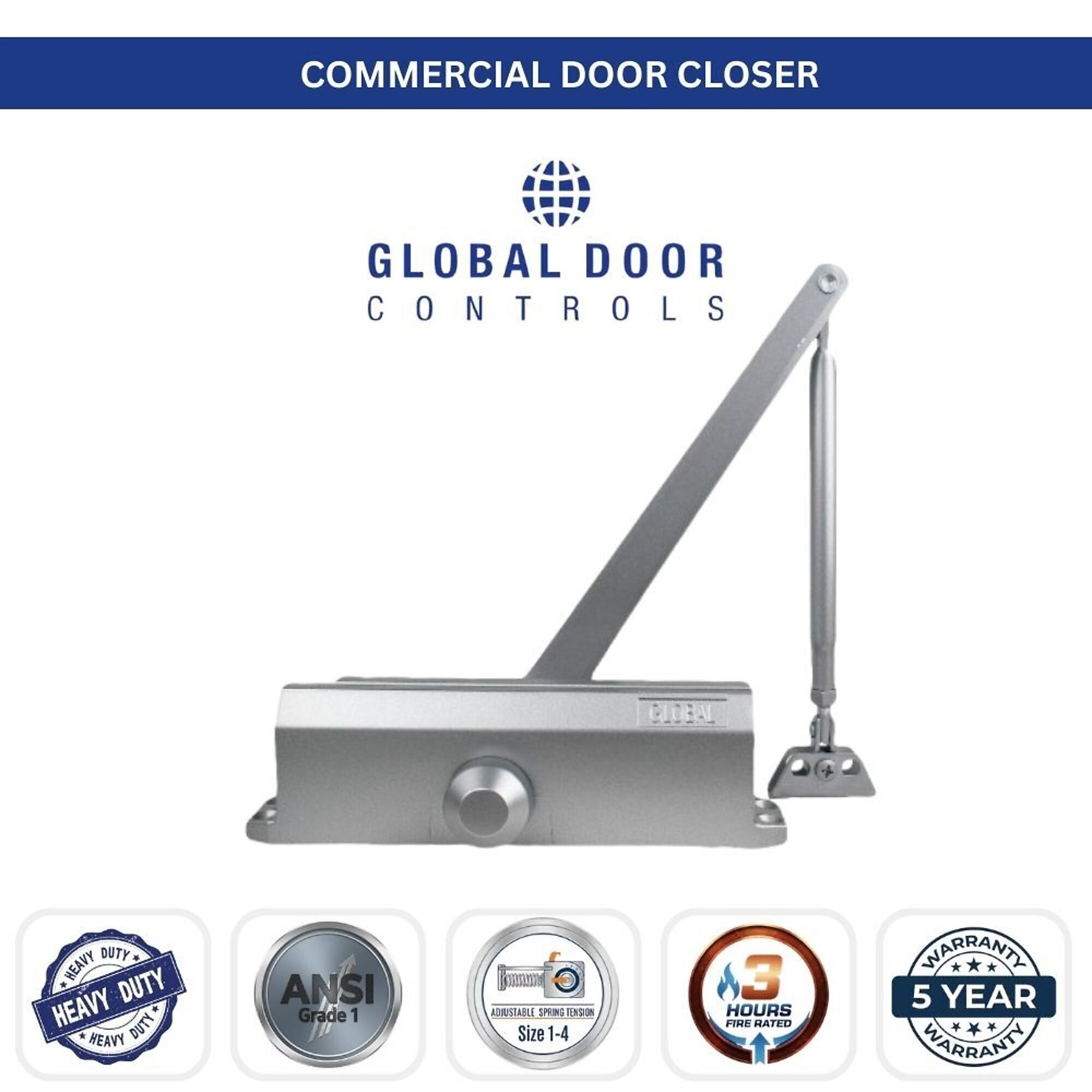Global Door Controls, Standard Streamline Commercial ADA Grade 1 Door Closer in Aluminum with Adjustable Spring Tension - Sizes 1-4, #TC201ADA-AL