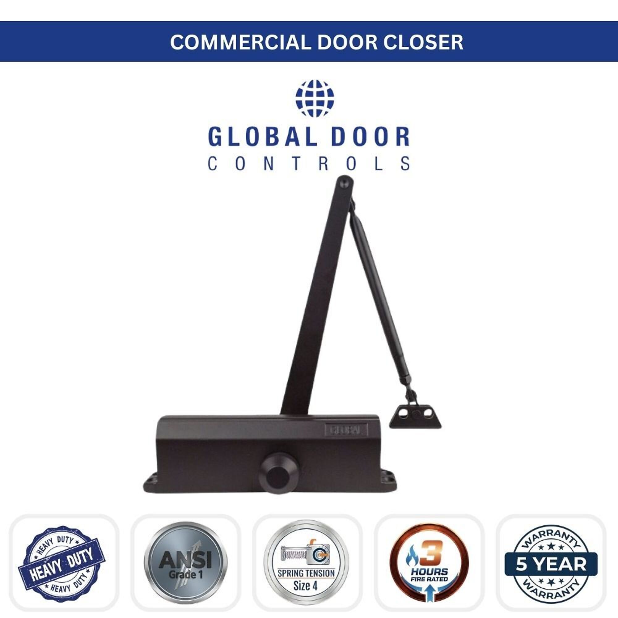 Global Door Controls, Standard Streamline Commercial Grade 1 Door Closer in Duronodic with Backcheck - Size 4, #TC204-BC-DU