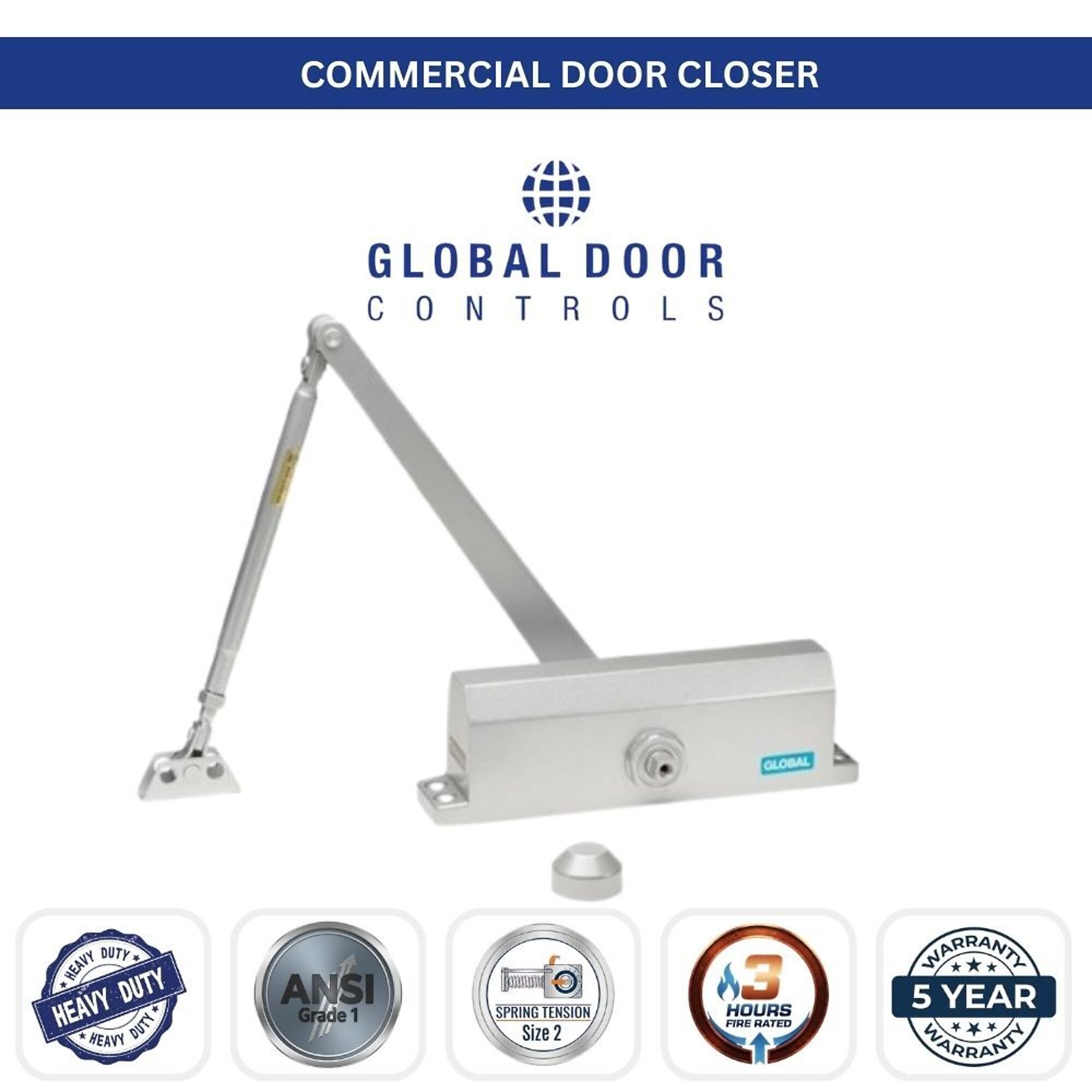 Global Door Controls, Streamline Commercial Grade 1 Door Closer in Aluminum - Size 2, #TC2202-AL