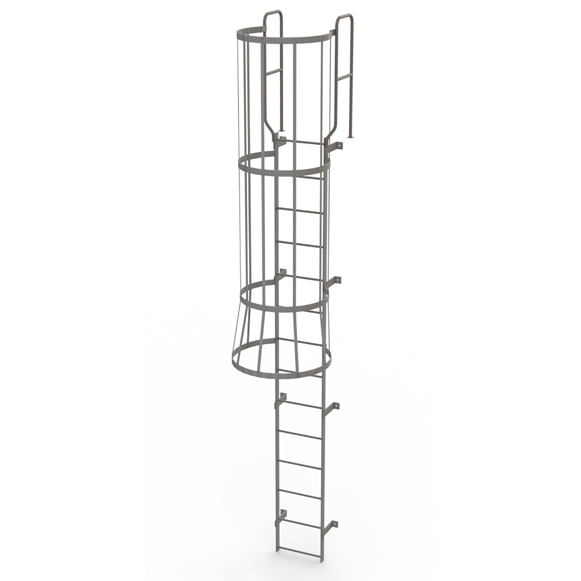 Tri-Arc 13ft., 14-Rung, Steel Fixed Cage Ladder, Gray, 500-Lb. Capacity, 45.4in.W x 34.5in.D x 203 5/8in.H, Model# WLFC1214