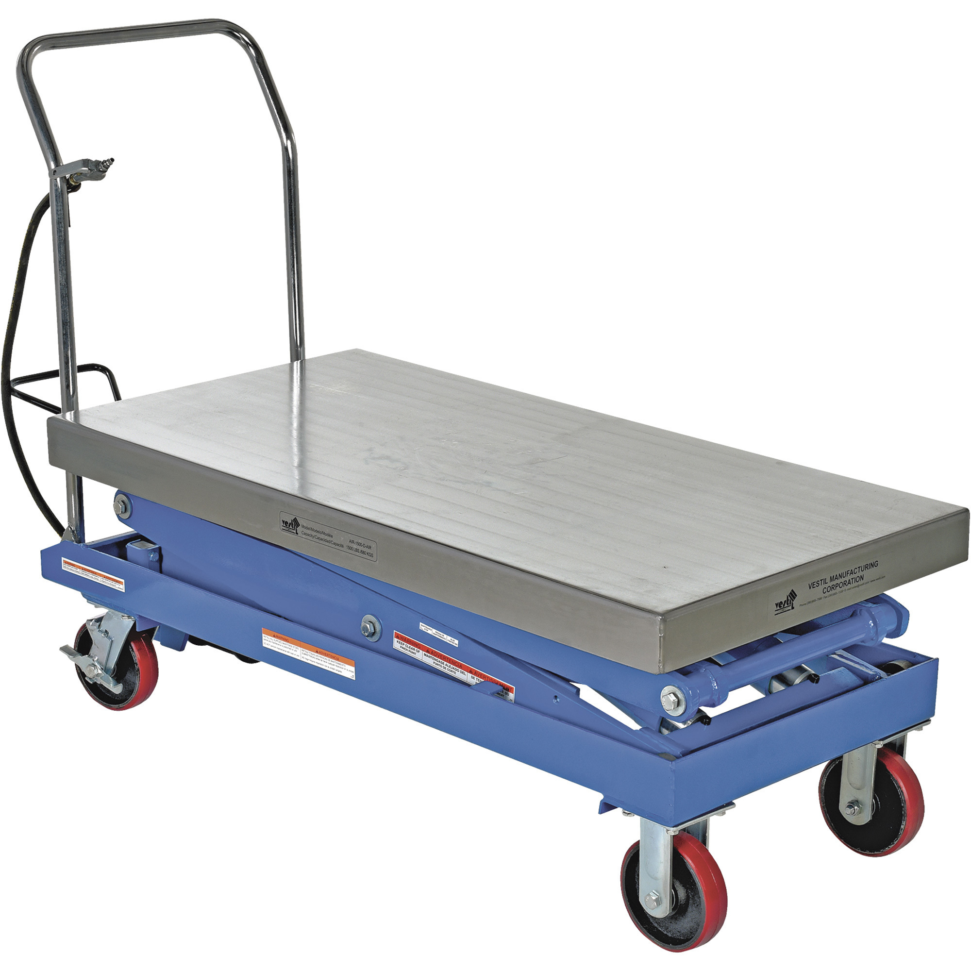 Vestil Air Hydraulic Scissor Cart - 1500-Lb. Capacity, 47 1/4in.L x 24in.W, Stainless Steel, Model# AIR-1500-D