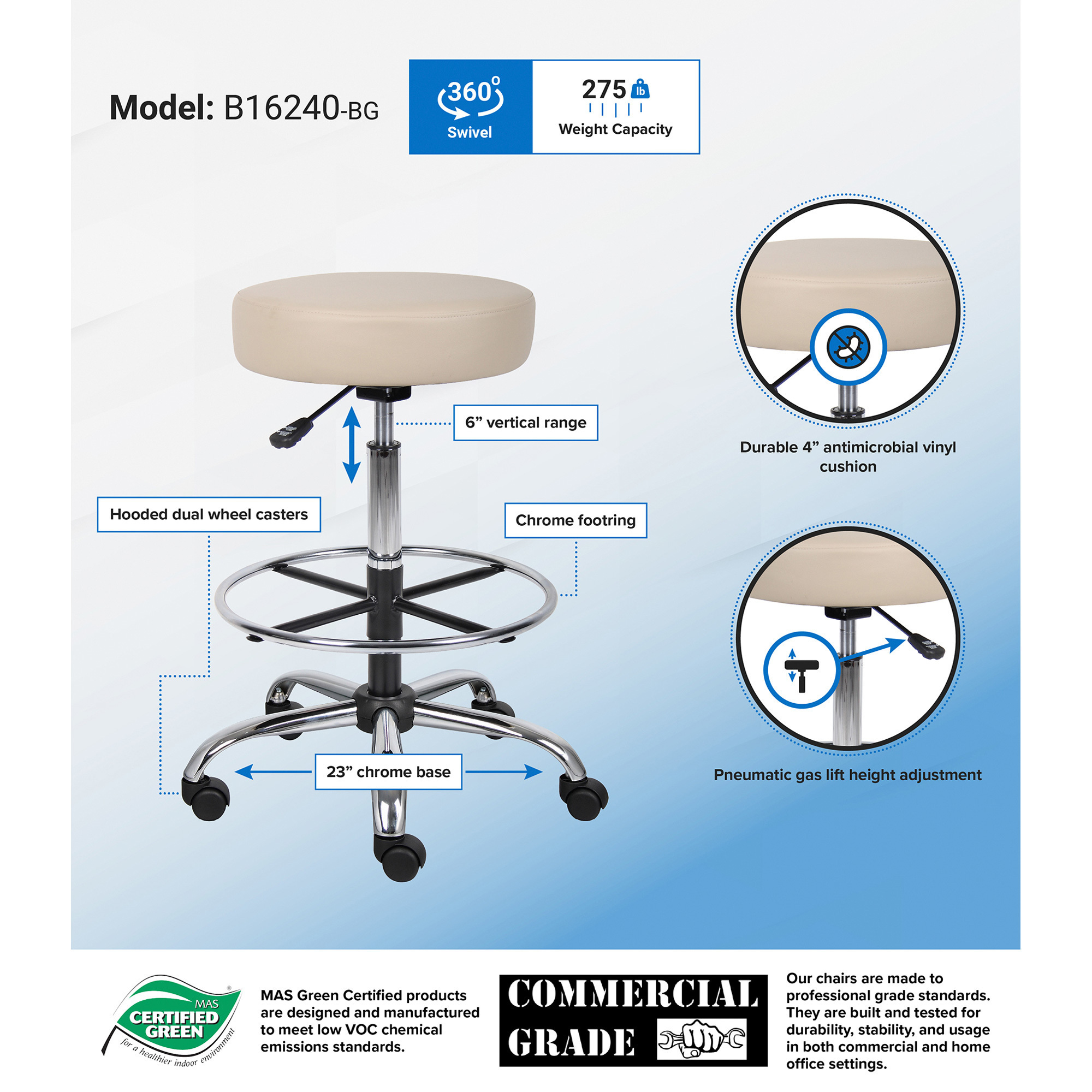 BOSS Medical Stool with Caresoft Vinyl Upholstery — Beige, 25in.W x