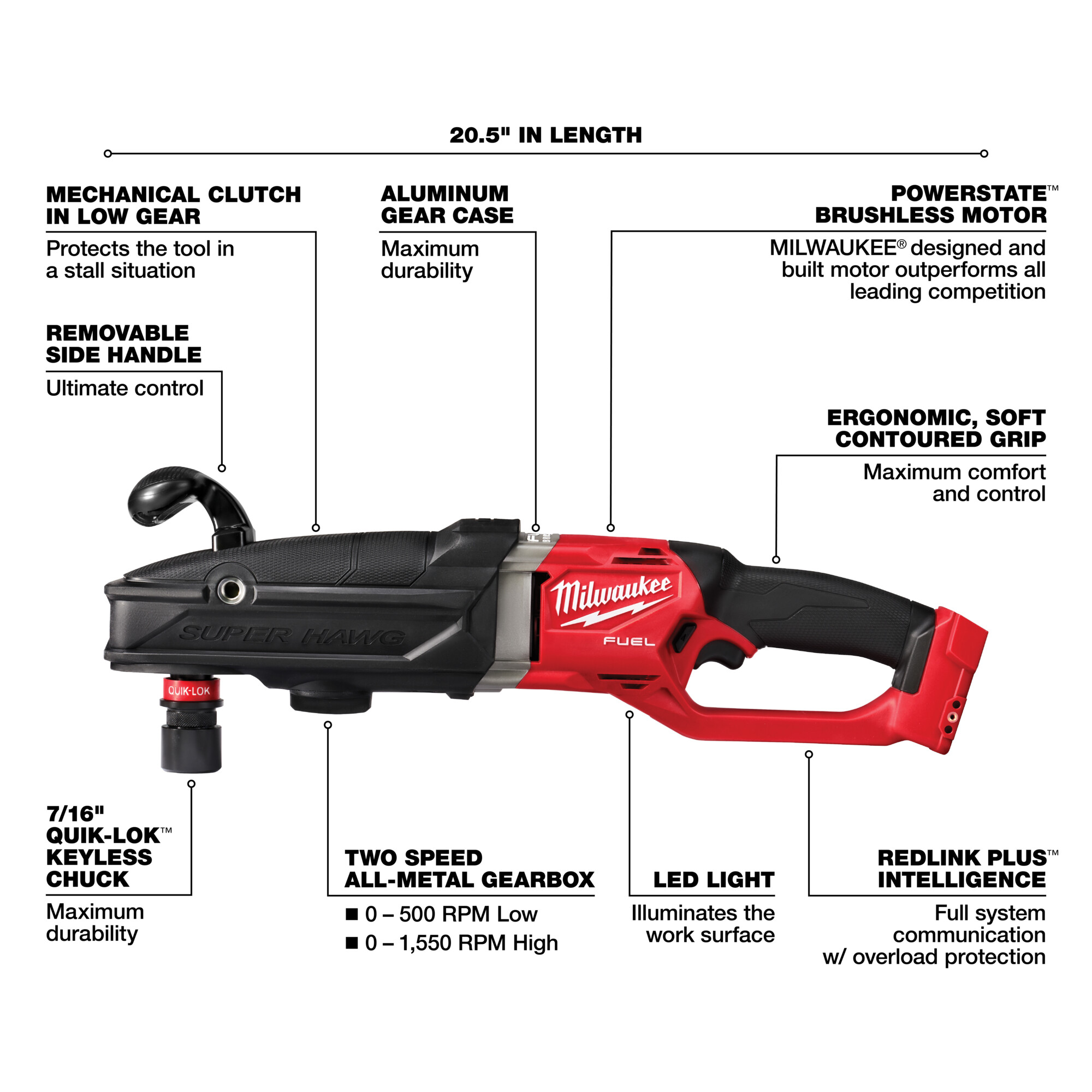 Milwaukee M18 FUEL Cordless Super Hawg Right Angle Drill with Quik Lok Kit Tool Only 1 2in. Keyed Chuck Model 2811 20 Northern Tool