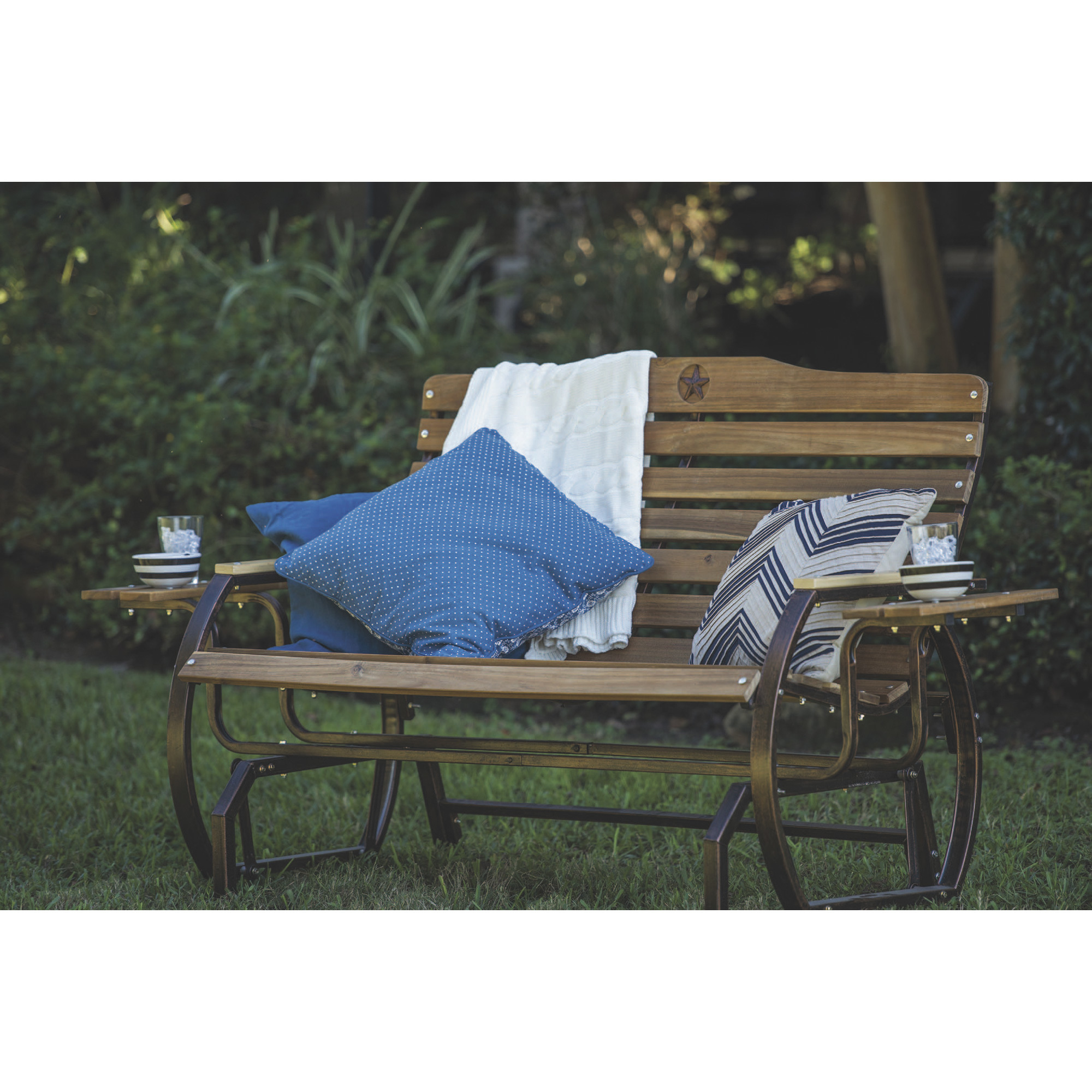 Wooden Outdoor Glider Bench with 2 Trays — Natural Northern Tool
