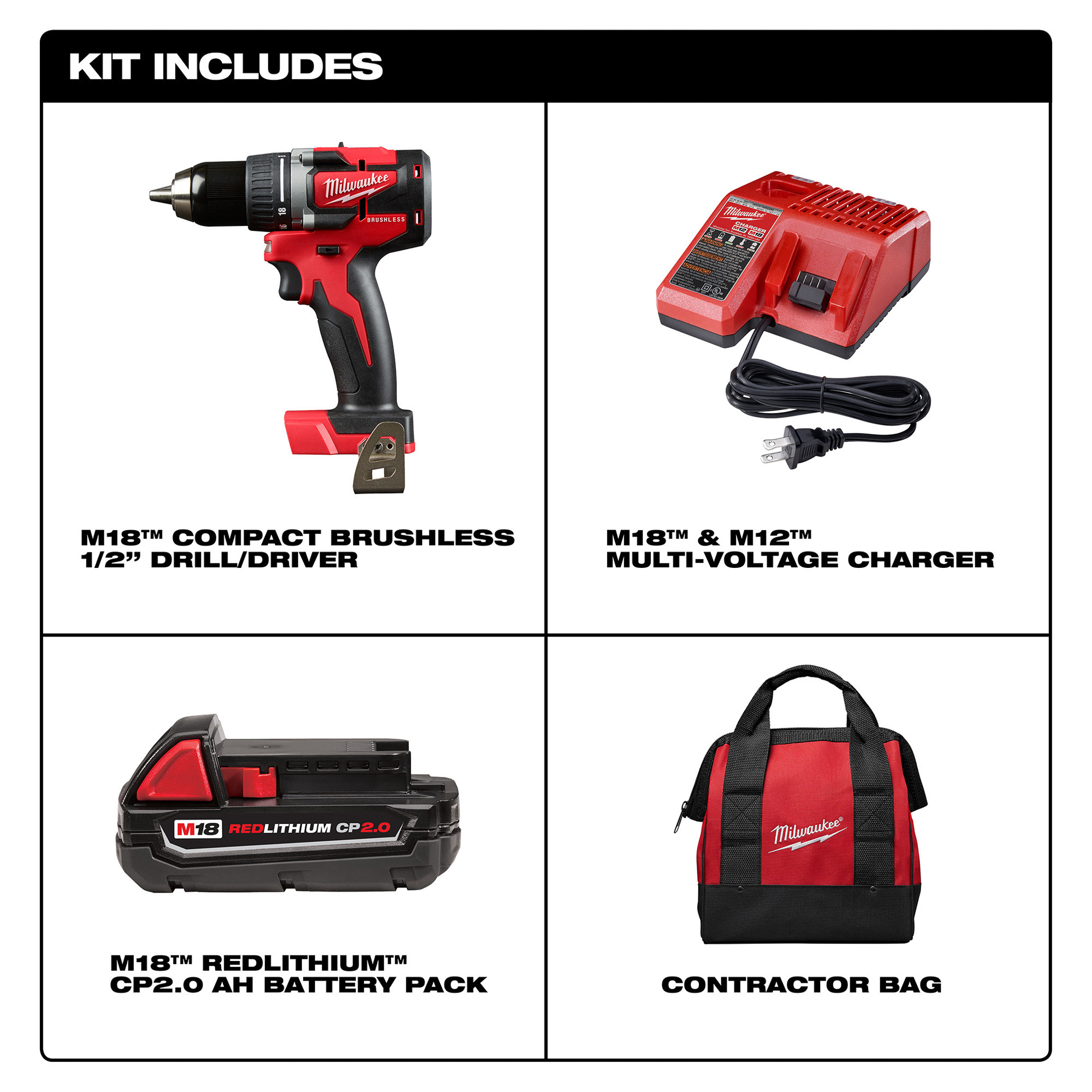 Milwaukee M18 Compact 1/2in. Brushless Drill/Driver Kit,18 Volt, Model