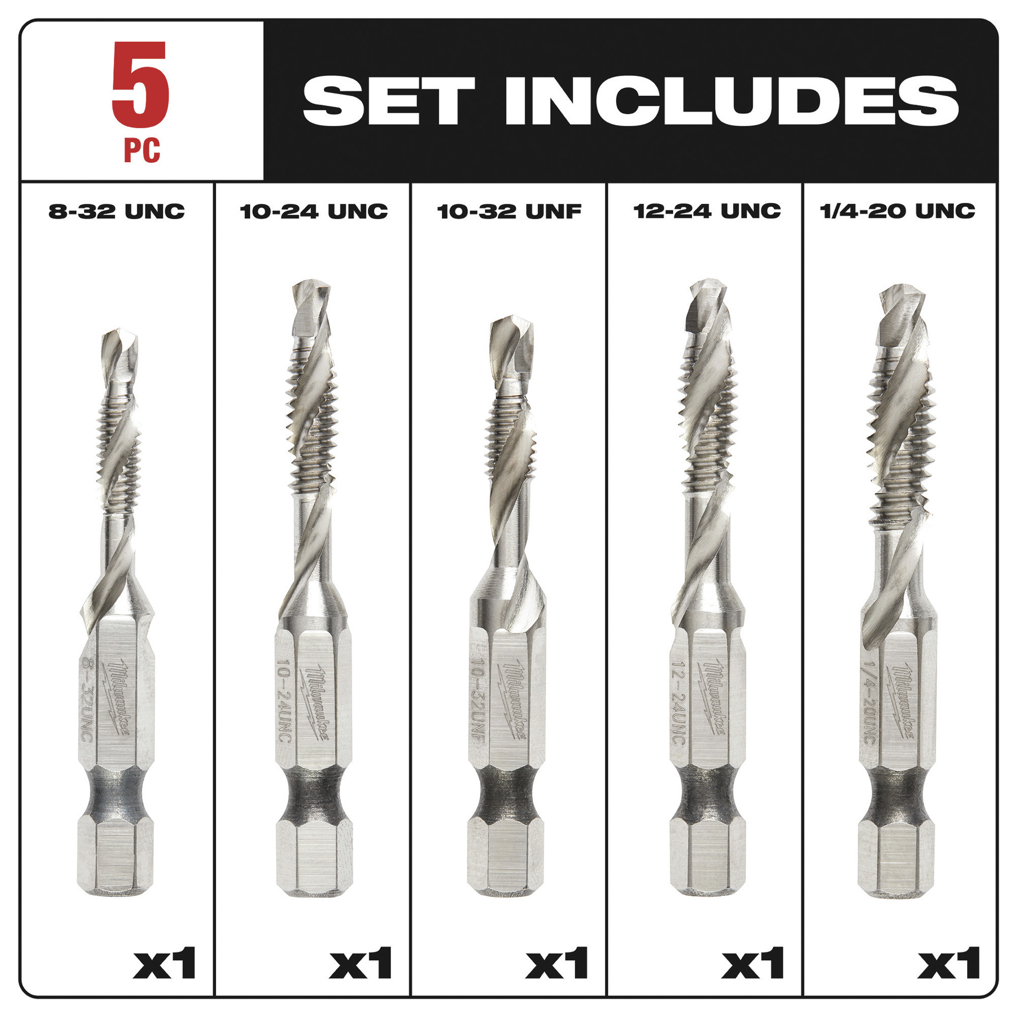 Milwaukee Shockwave SAE Impact Drill Tap Set, 5Pc., Model 48894874