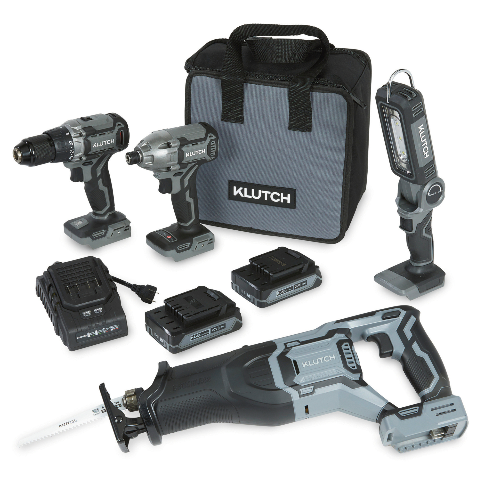Klutch 1/2in. Drill/Driver and 1/4in. Impact Driver Combo Kit, Plus Worklight and Reciprocating Saw, KLiQ 20V, Brushless, Cordless, 2.0Ah