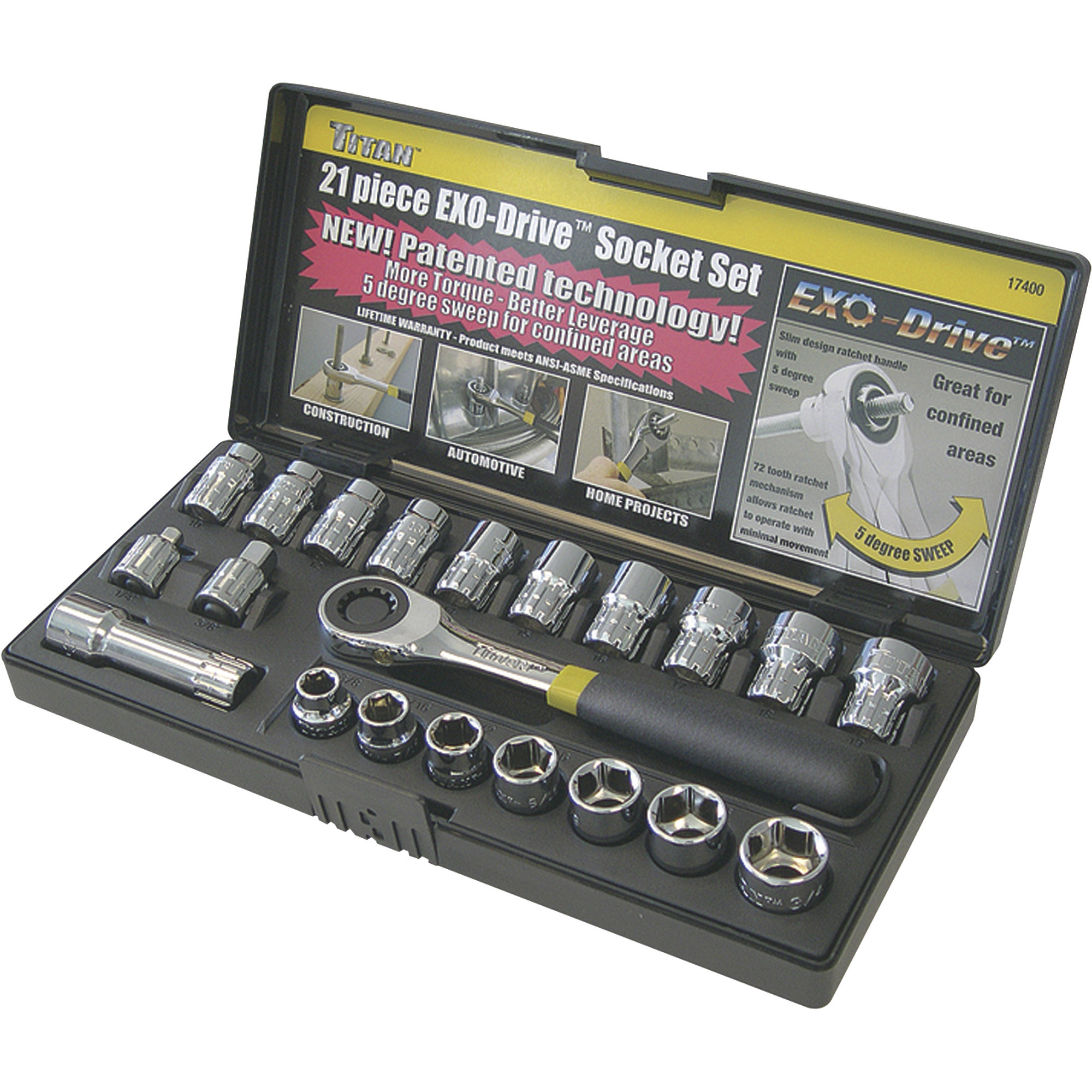 Titan Exo-Drive Socket Set, 21-Pc., 1/4in. & 3/8in. Drive, SAE