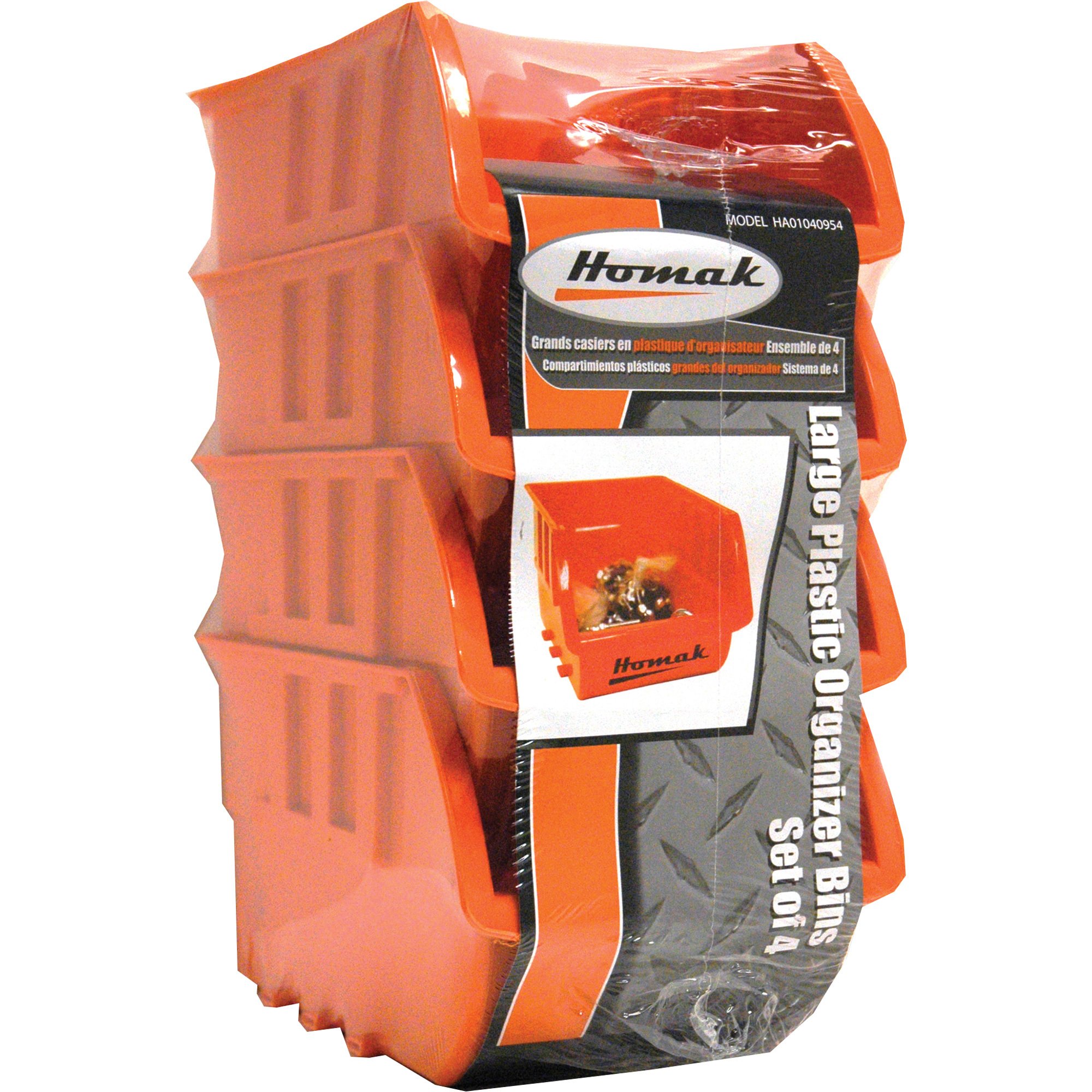 Homak Large Plastic Organizer Bins — 4-Pc. Set, Orange, Model# HA01040954
