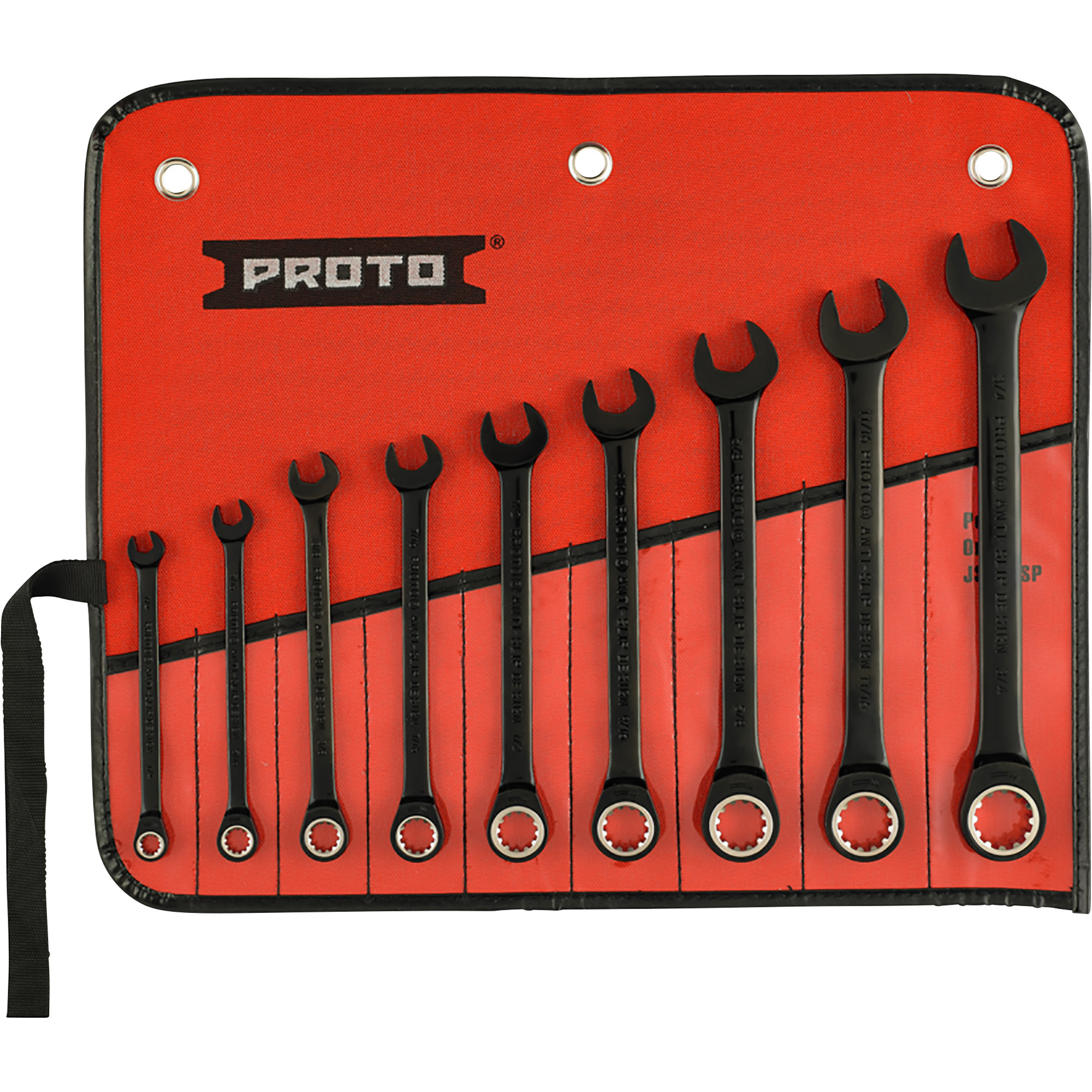 Proto Non-Reversible Combination Ratcheting Wrench Set, 9-Pc., Spline, Black Chrome, Model# JSCR-9S