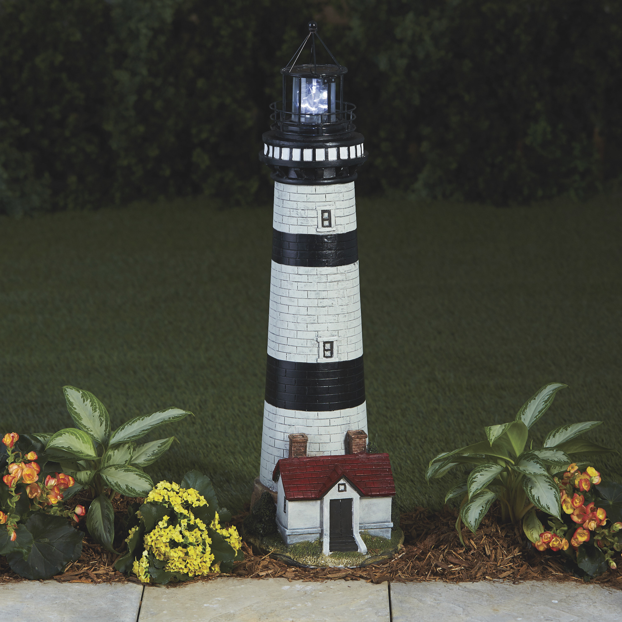 Solar Lighthouse Lawn and Garden Decor, Black/White