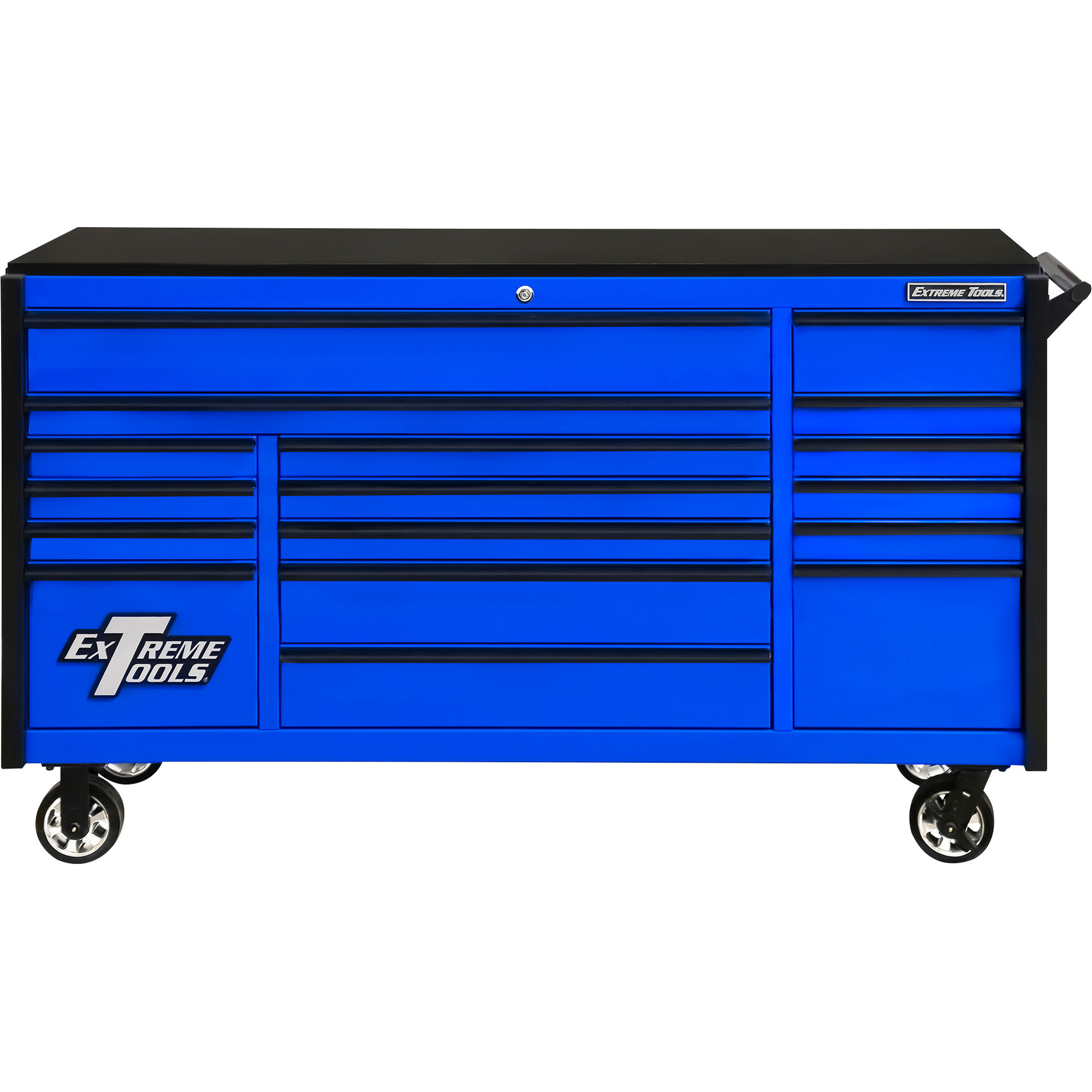 Extreme Tools DX Series Triple Bank Roller Cabinet - 72in. x 21in. x 42.7in., 17 Drawers, 24,601 Cu. In. Capacity, Blue/Black, Model# DX722117RCBLBK
