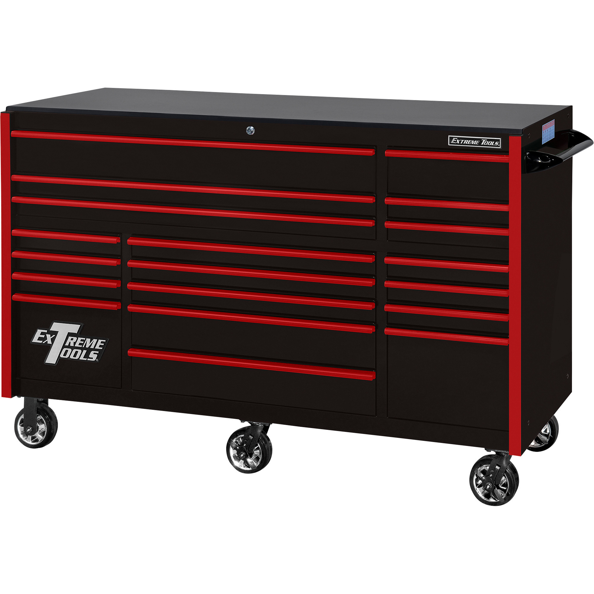 Extreme Tools RX Series 19-Drawer Tool Roller Cabinet - 72in.W x 30in.D x 47in.H, Black with Red Drawer Pulls, Model# RX723019RCBKRD-250