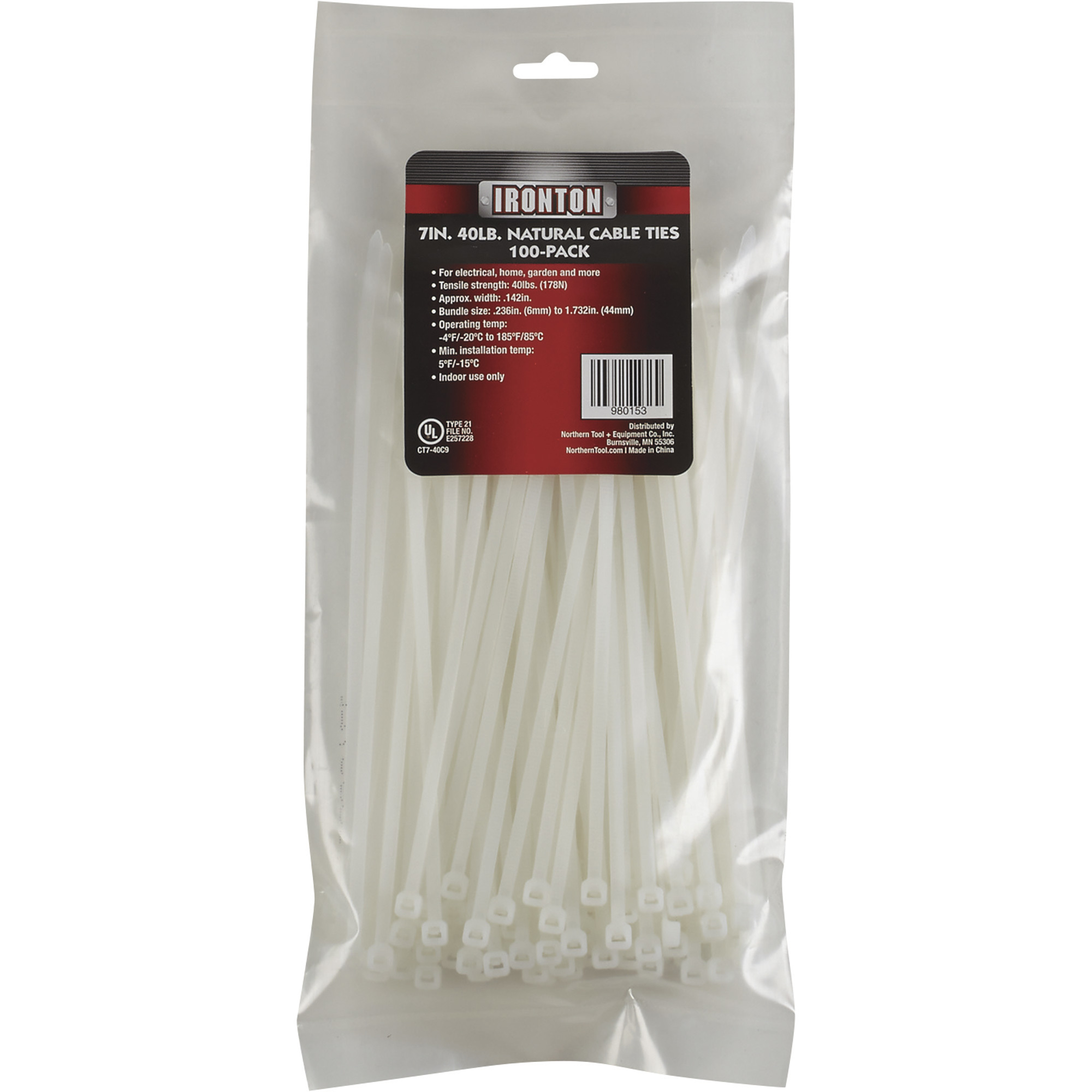 Ironton MultiPack of Cable Zip Ties — 100Pk., 7in.L x .142in.W, 40Lb