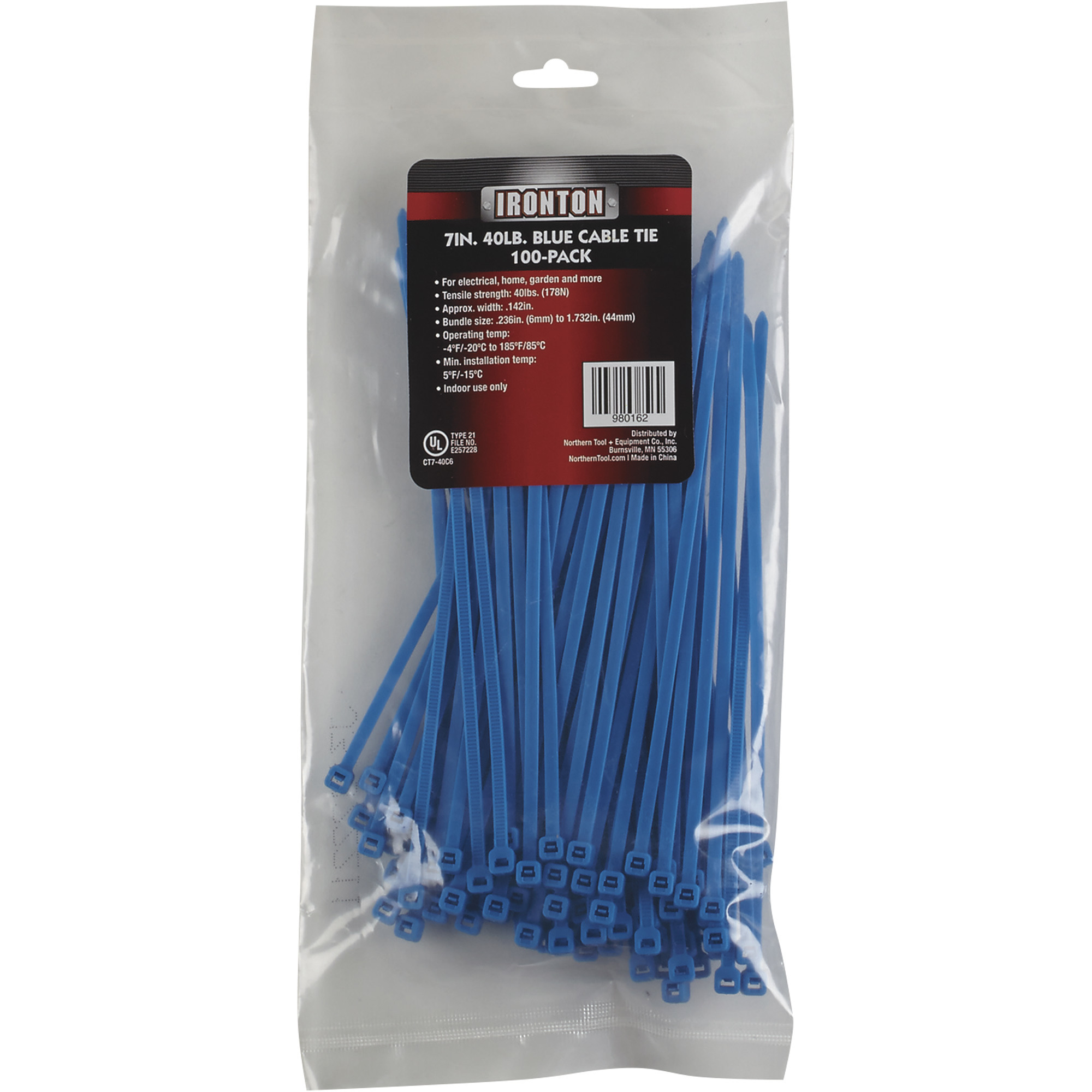 Ironton Multi-Pack of Cable Zip Ties, 100-Pk., 7in.L x .142in.W, 40-Lb. Tensile Strength, Blue