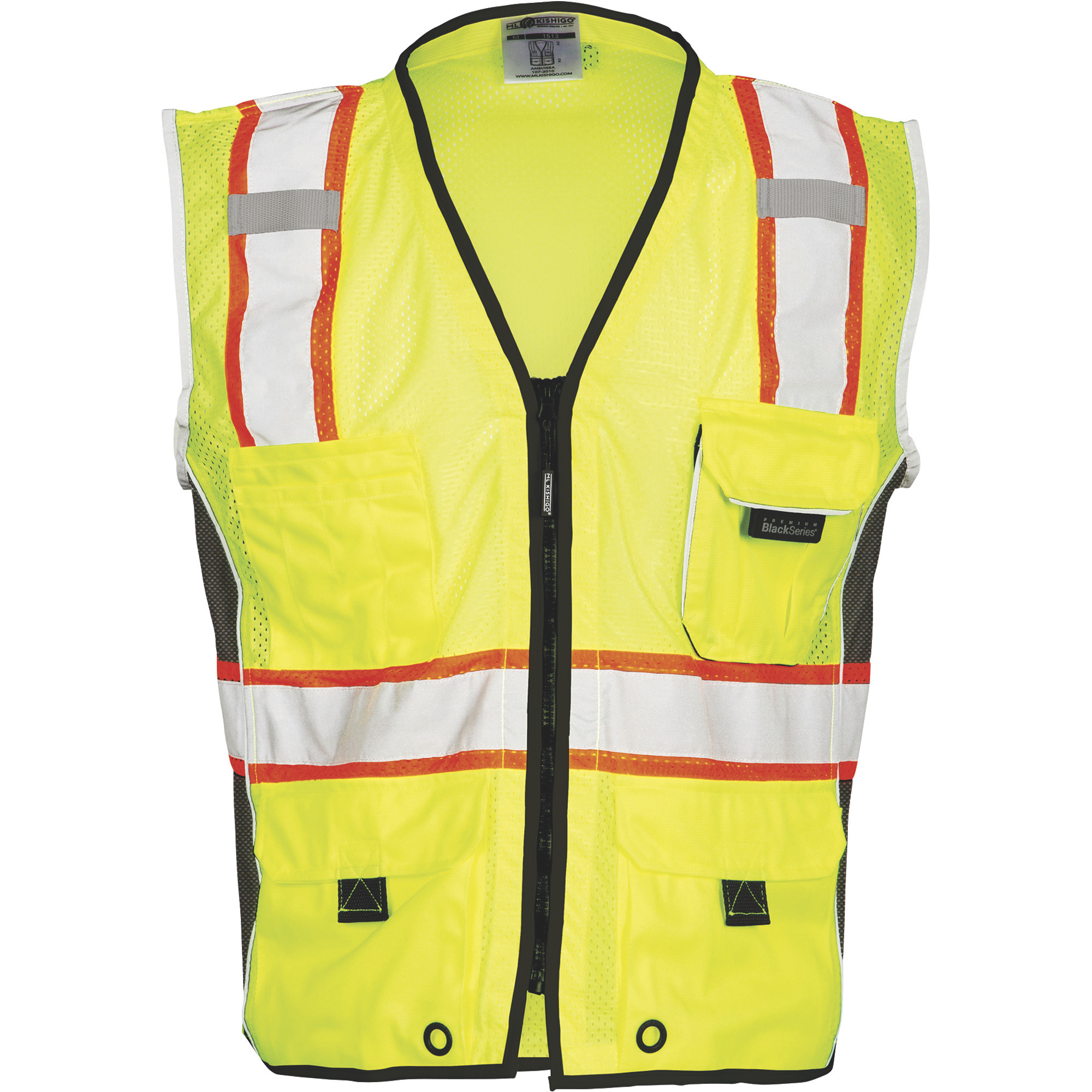 Kishigo Men's Class 2 High Visibility, Heavy-Duty Black Side Vest, Lime/Black, Large, Model# 1513-L