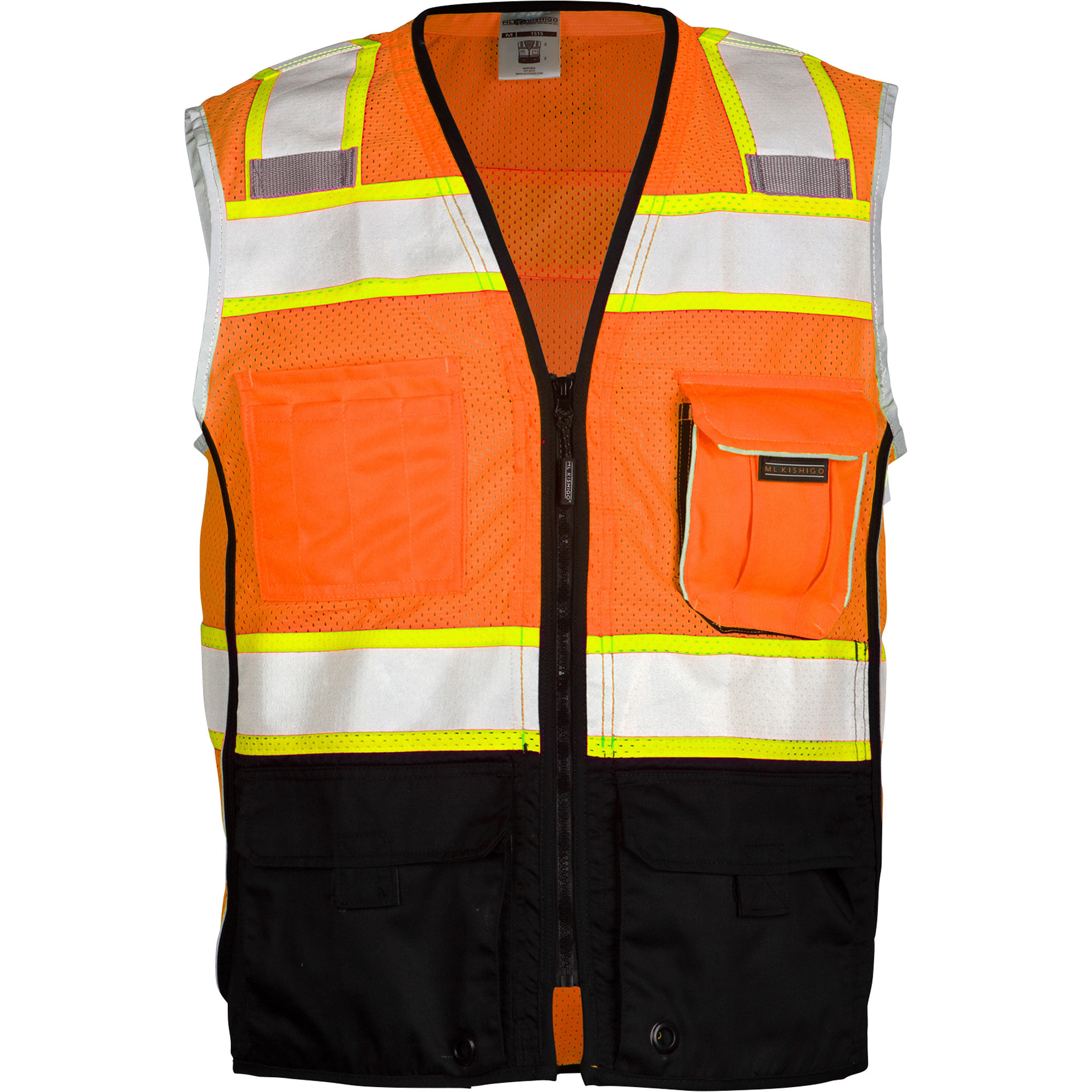 ML Kishigo Men's Class 2 High Visibility Premium Black Series Black Bottom Vest, Orange/Black, Large, Model# 1516-L