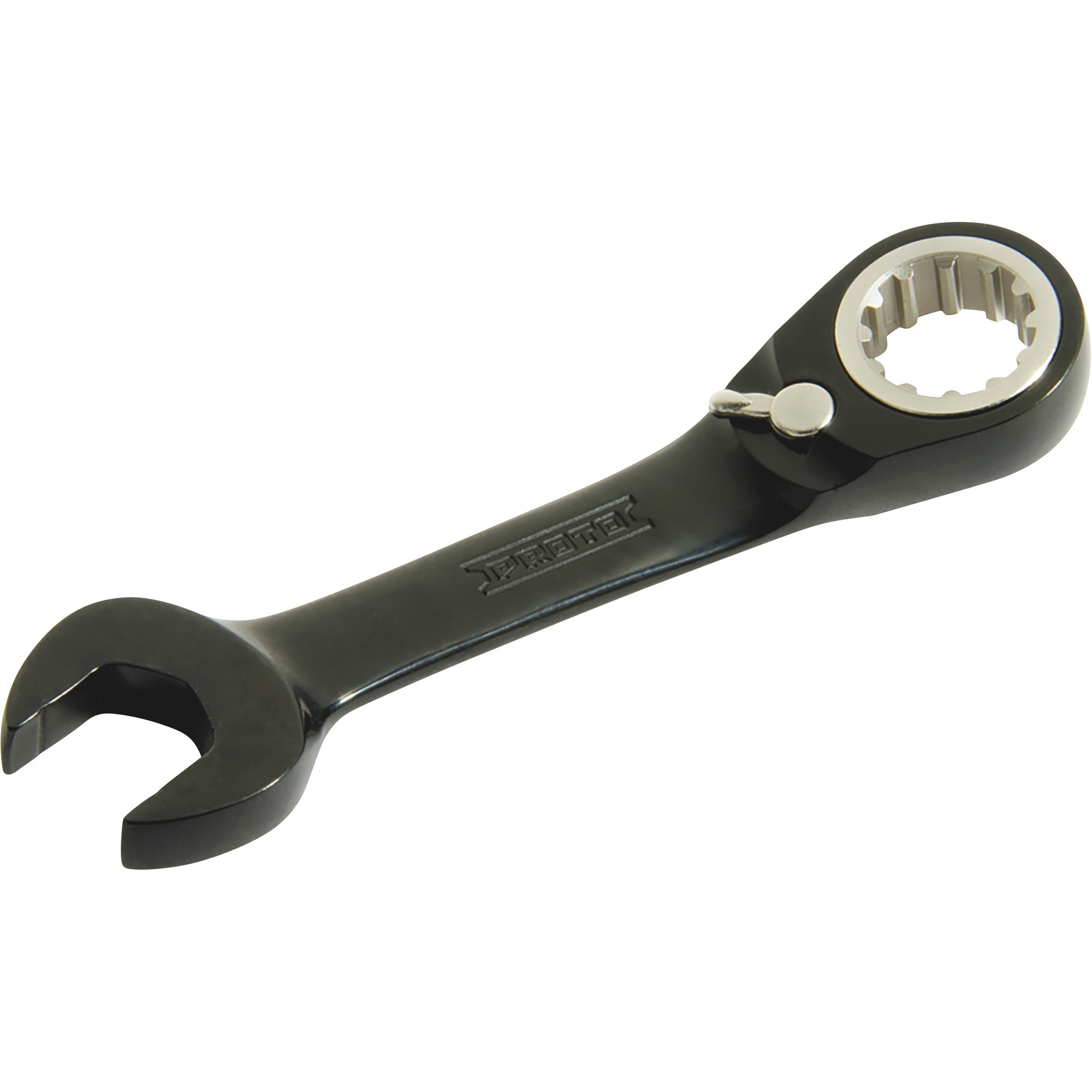 Proto 5/16in. Black Chrome Stuibby Combination Reversible Ratcheting Wrench, Spline, Model# JSCV10S