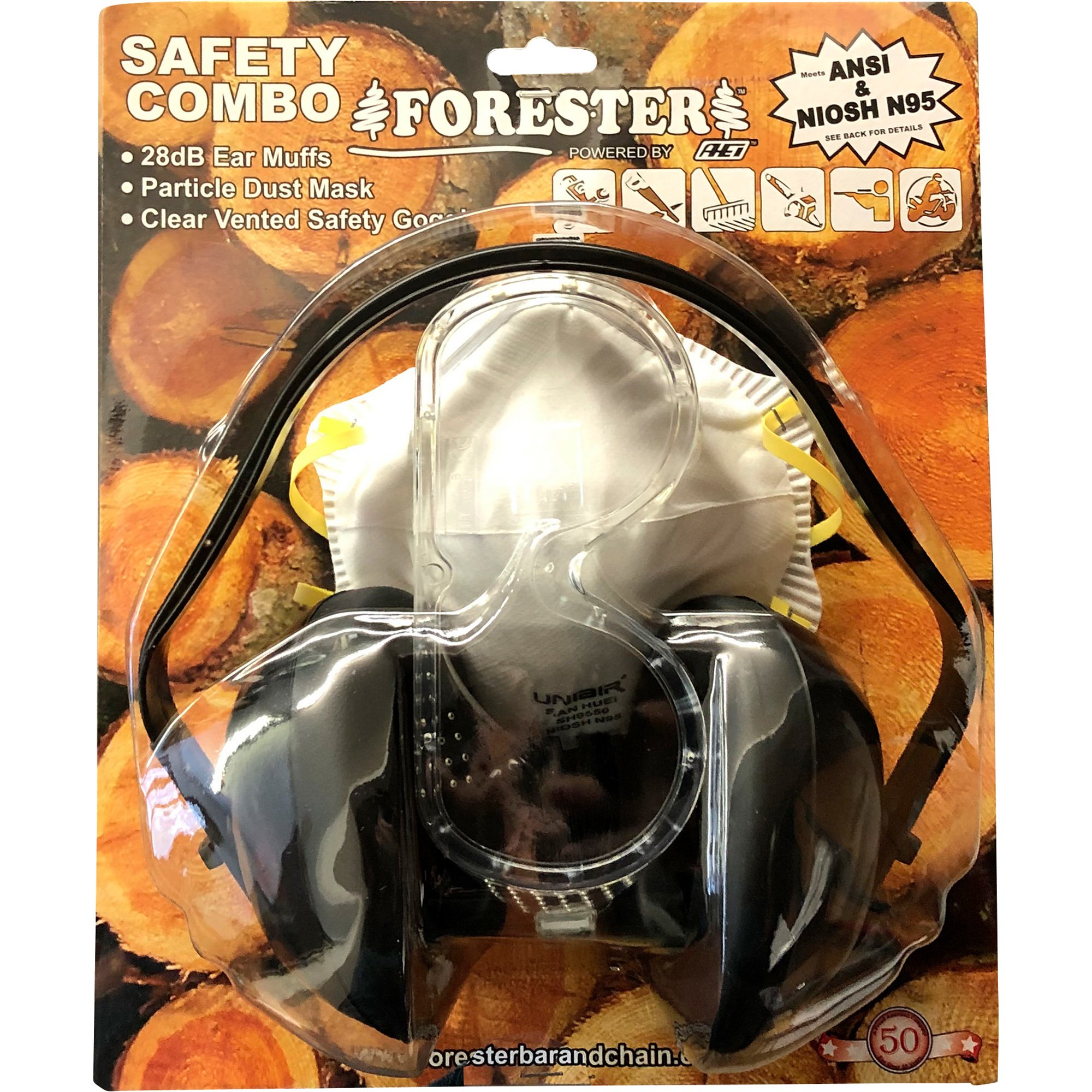 Forester Safety Combo Kit — Black, N95 Mask, N95 Respirator, 28dB Ear Muffs, ANSI Goggles