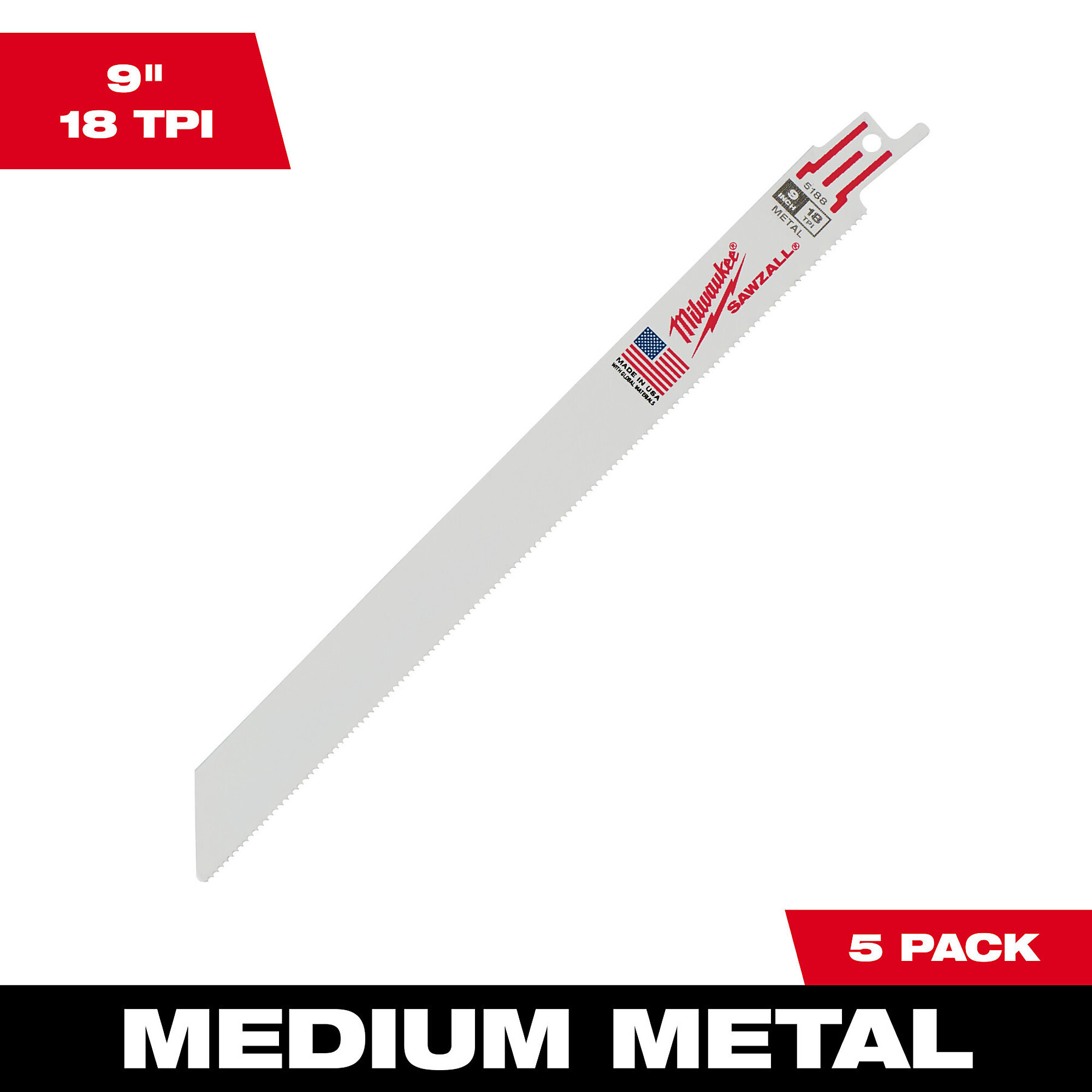 Milwaukee Thin Kerf Metal-Cutting Sawzall Blades, 5-Pk., 9in.L., 18 TPI, Model# 48-00-5188