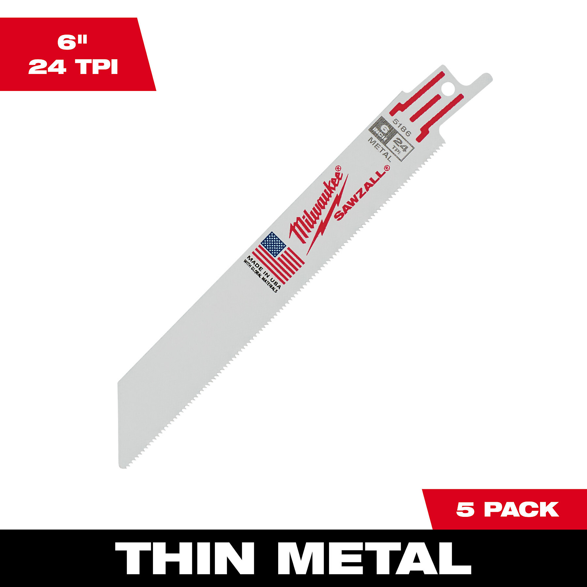 Milwaukee Sawzall Blade, 6in. Length, 24 TPI, Model# 48-00-5186