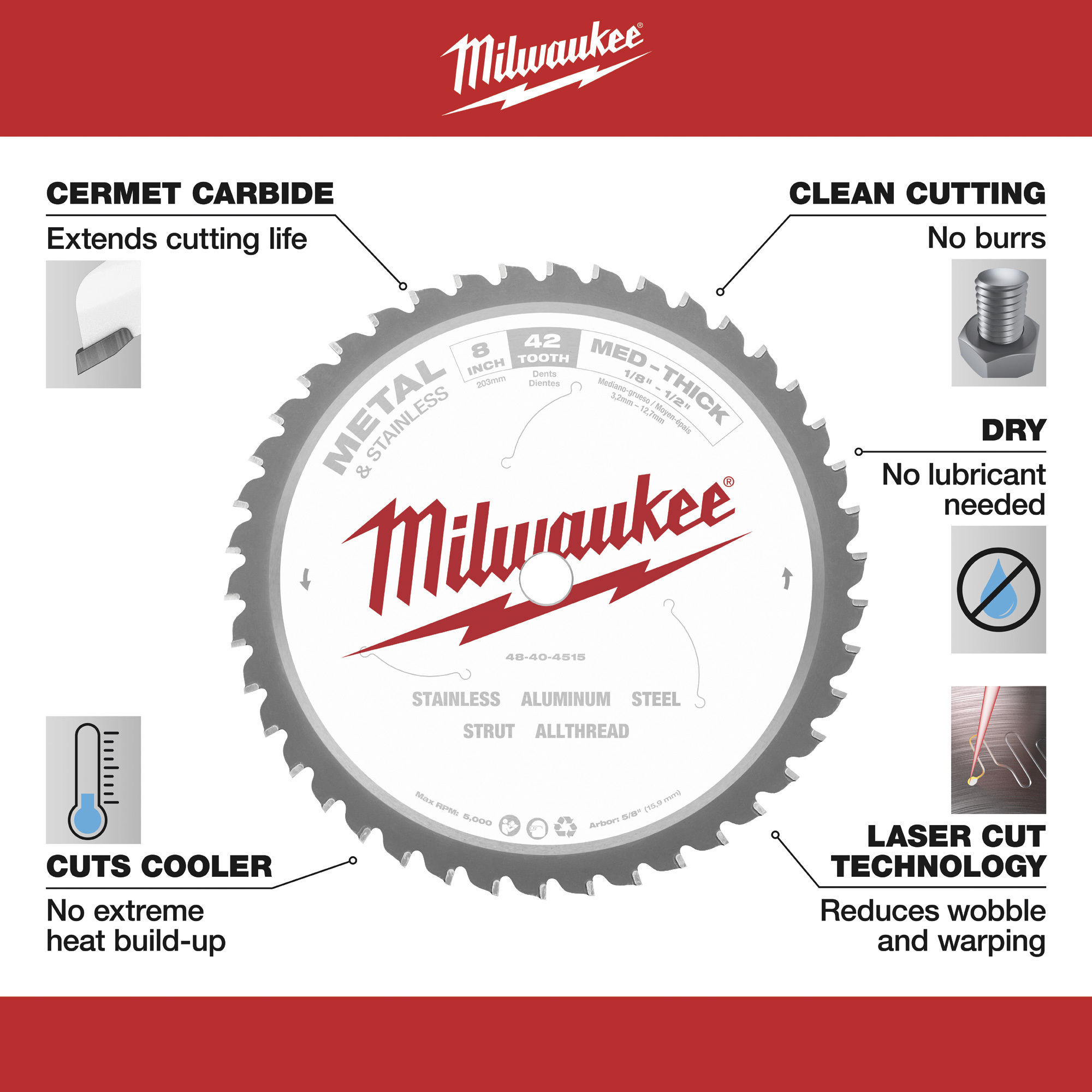 Milwaukee Saw Blade, 8in., 42 Tooth, Metal Cutting, Model# 48-40