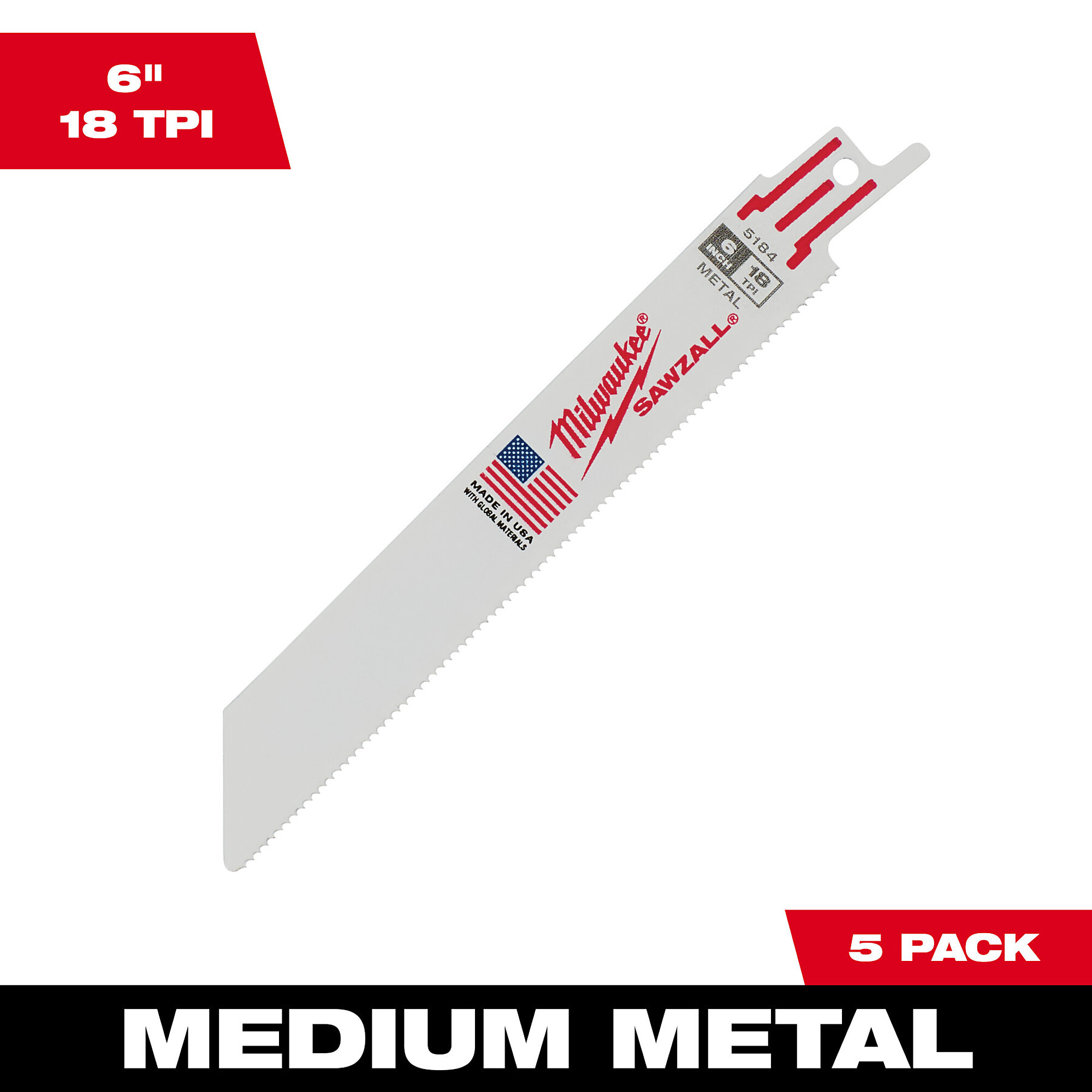 Milwaukee Thin Kerf Metal-Cutting SAWZALL Blades, 5-Pk., 6in. Length, 18 TPI, Model# 48-00-5184