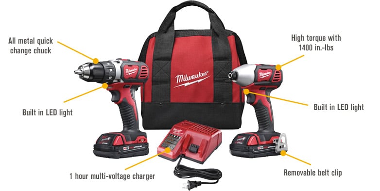 Milwaukee M18 Li-Ion Compact Cordless Power Tool Set, 1/2in. Drill