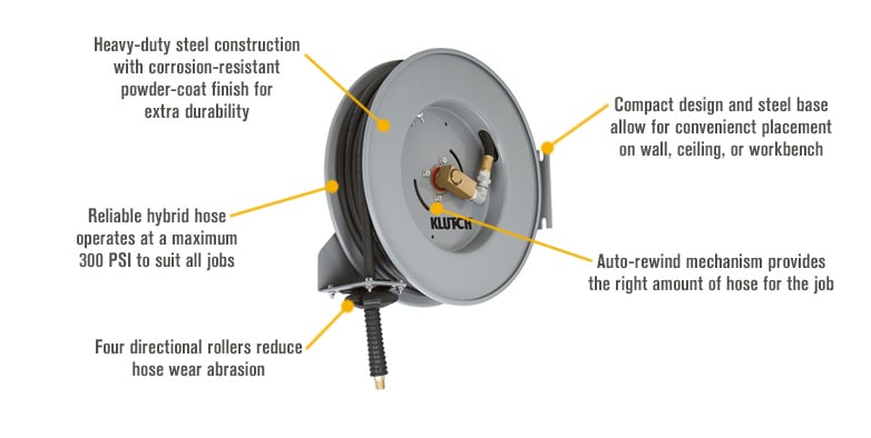Klutch Compact Auto Rewind Air Hose Reel — With 3/8in. x 50ft