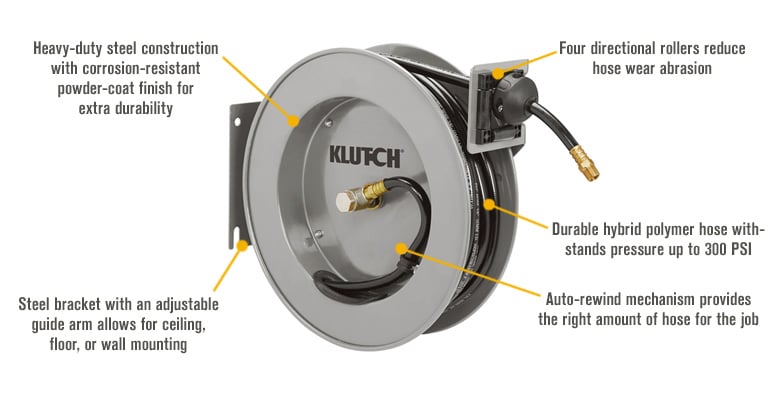 Klutch Heavy Duty Auto Rewind Air Hose Reel With Hybrid Polymer Hose 300  Max PSI